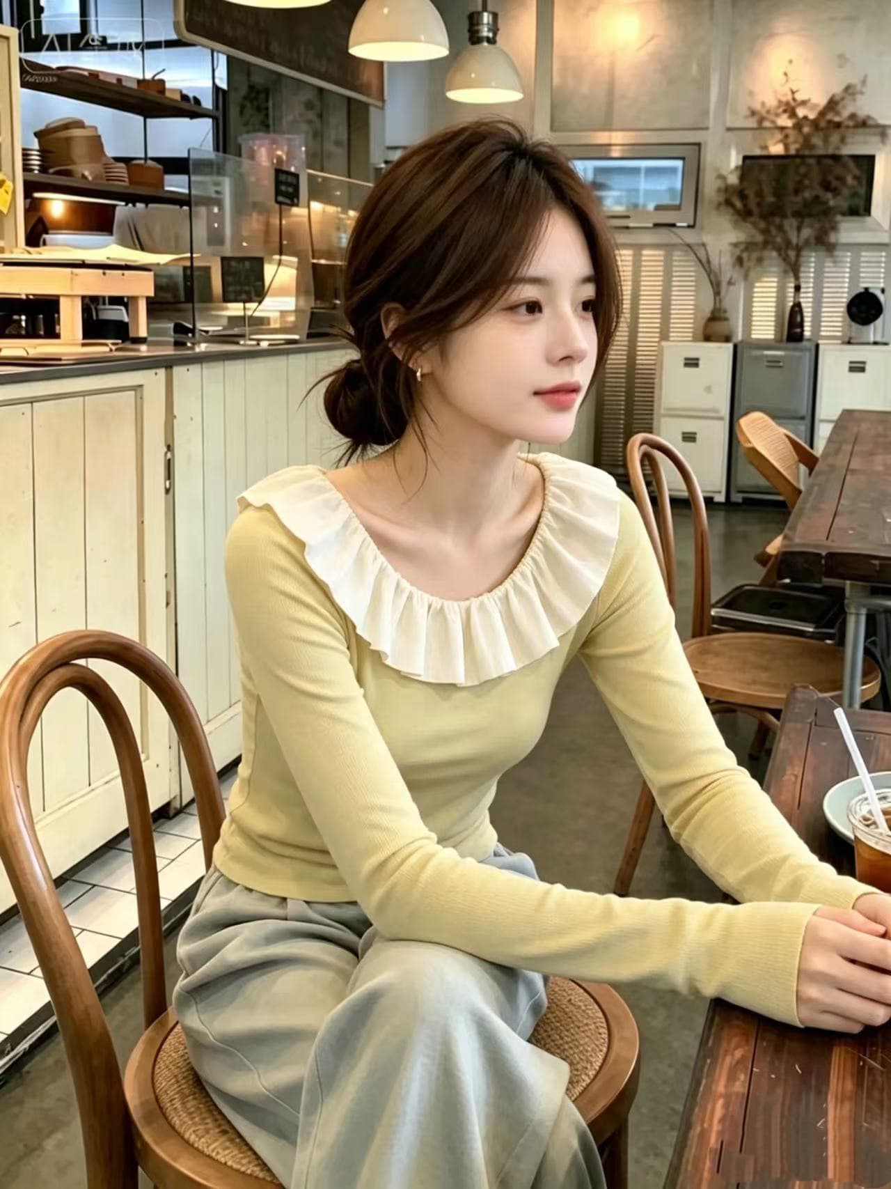 와 성별 작은 청신 달콤한 스타일 밝은 녹색 맨위 여성 레저 바람 몸매 가꾸기 슬림해 보이는 프릴 맨위 작은 대중 가을