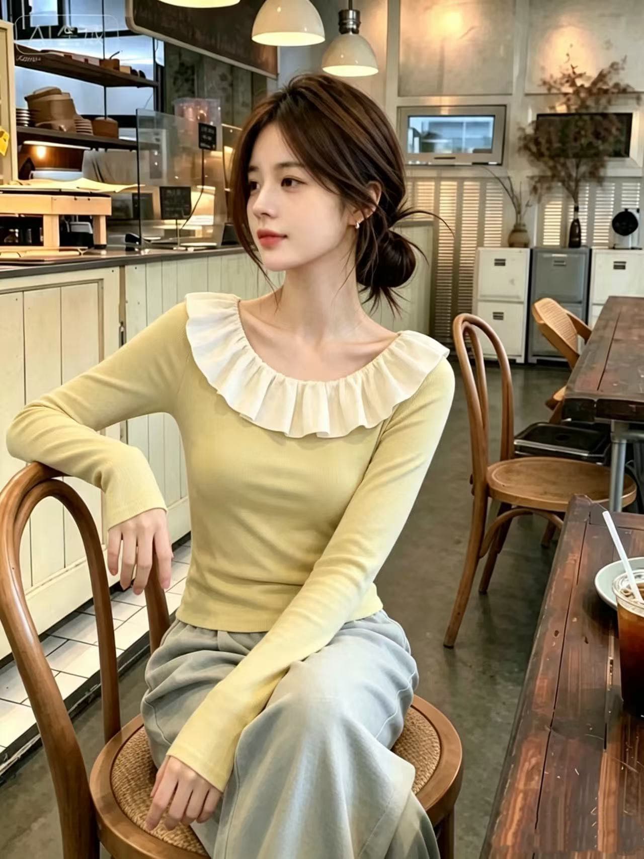 와 성별 작은 청신 달콤한 스타일 밝은 녹색 맨위 여성 레저 바람 몸매 가꾸기 슬림해 보이는 프릴 맨위 작은 대중 가을 이미지 4