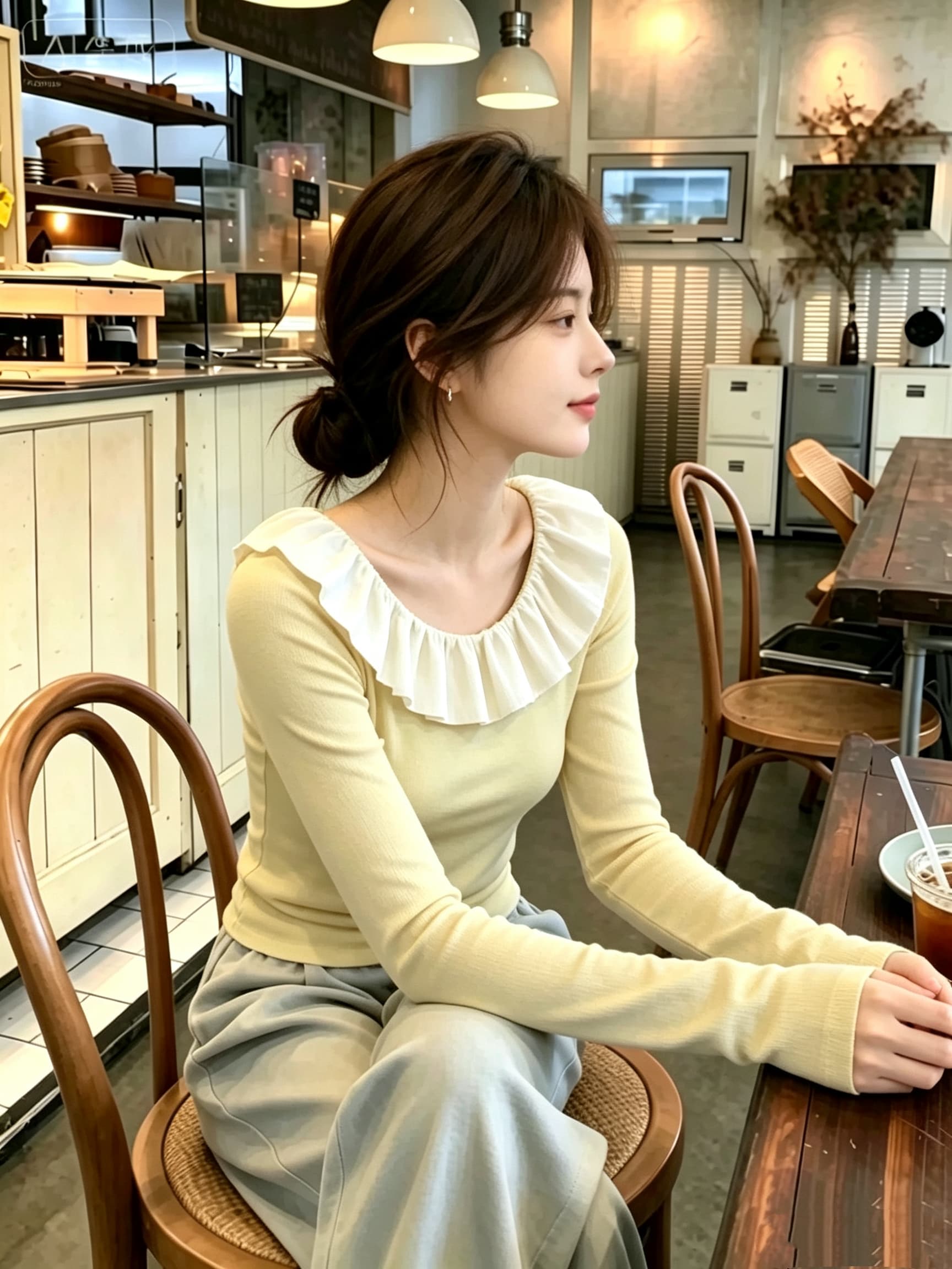 와 성별 작은 청신 달콤한 스타일 밝은 녹색 맨위 여성 레저 바람 몸매 가꾸기 슬림해 보이는 프릴 맨위 작은 대중 가을 상세 이미지 4