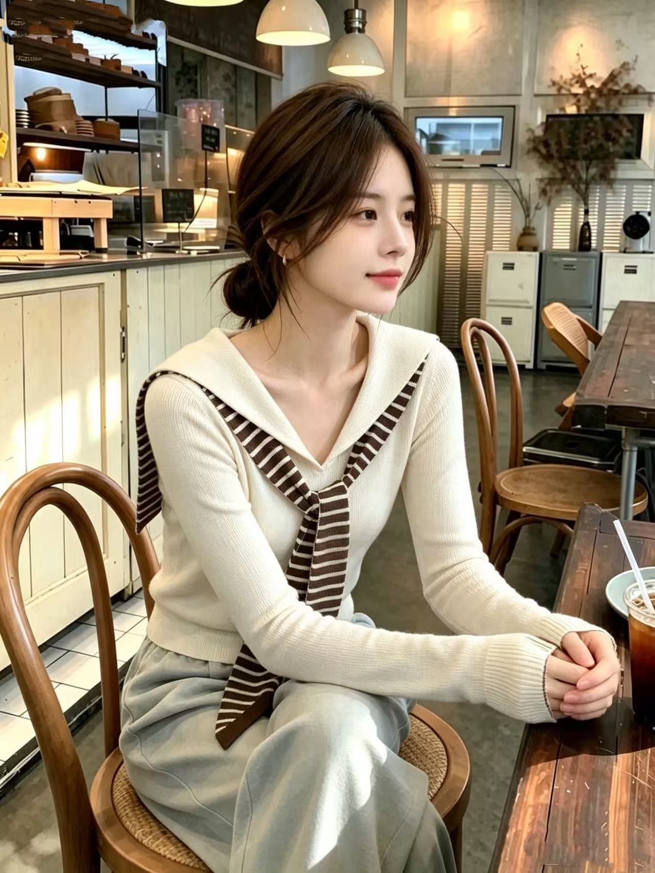 2026 새로운 해군 칼라 스트라이프 숄 긴팔 니트 스웨터 여성 가을 디자인 센스 슬림해 보이는 품격 다용도 맨위 상세 이미지 3