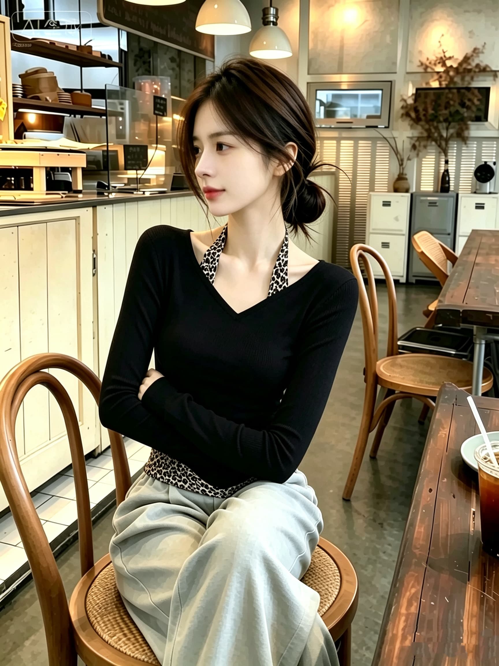 2026 가을 연령 감소 고유 한 슈퍼 잘 생긴 싱글 착용 작은 맨위 작은 대중 아니요 명중 섹션 검정색 레오파드 무늬 페이크 레이어드 티셔츠 이미지 4