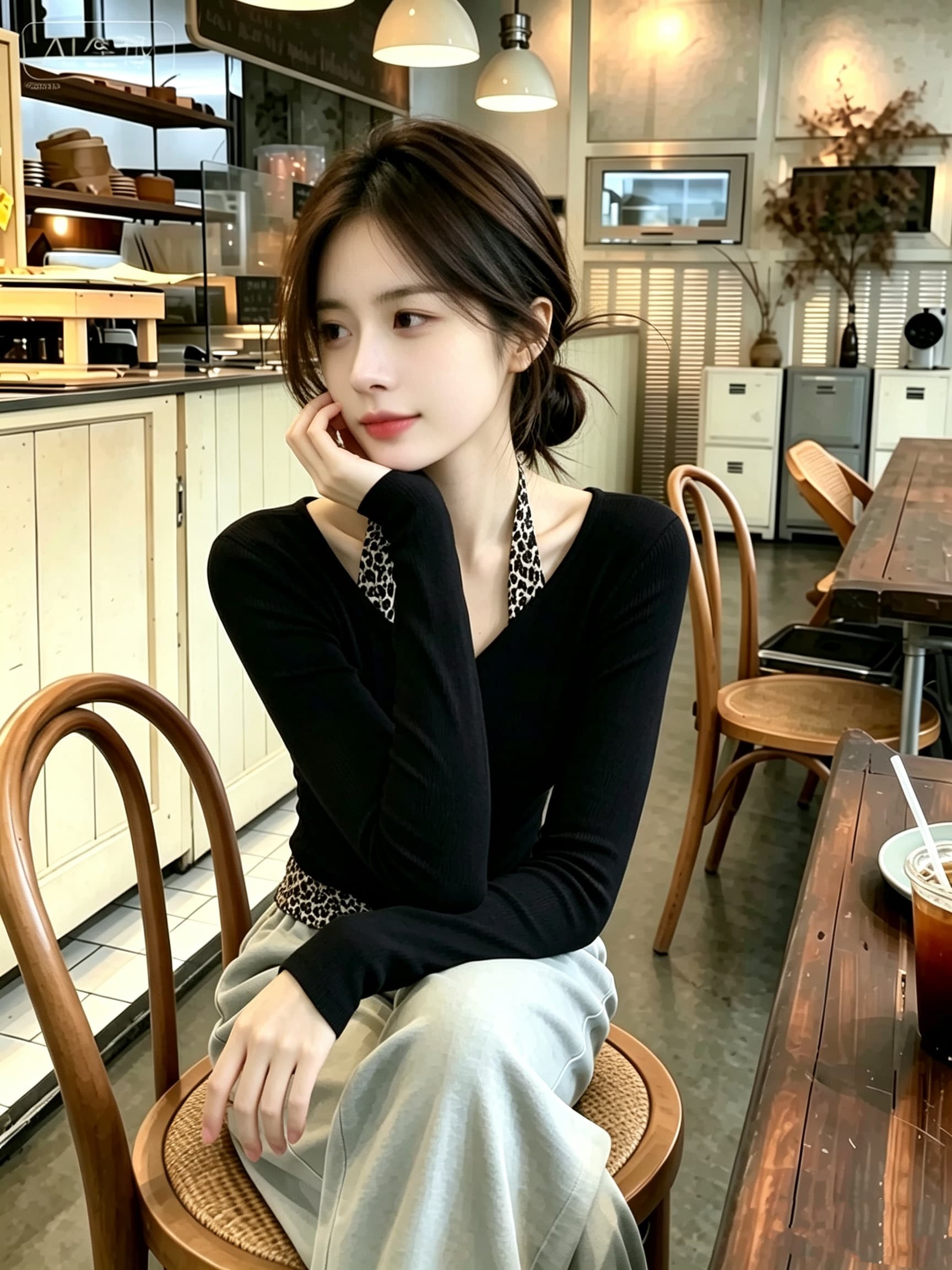 2026 가을 연령 감소 고유 한 슈퍼 잘 생긴 싱글 착용 작은 맨위 작은 대중 아니요 명중 섹션 검정색 레오파드 무늬 페이크 레이어드 티셔츠 상세 이미지 1