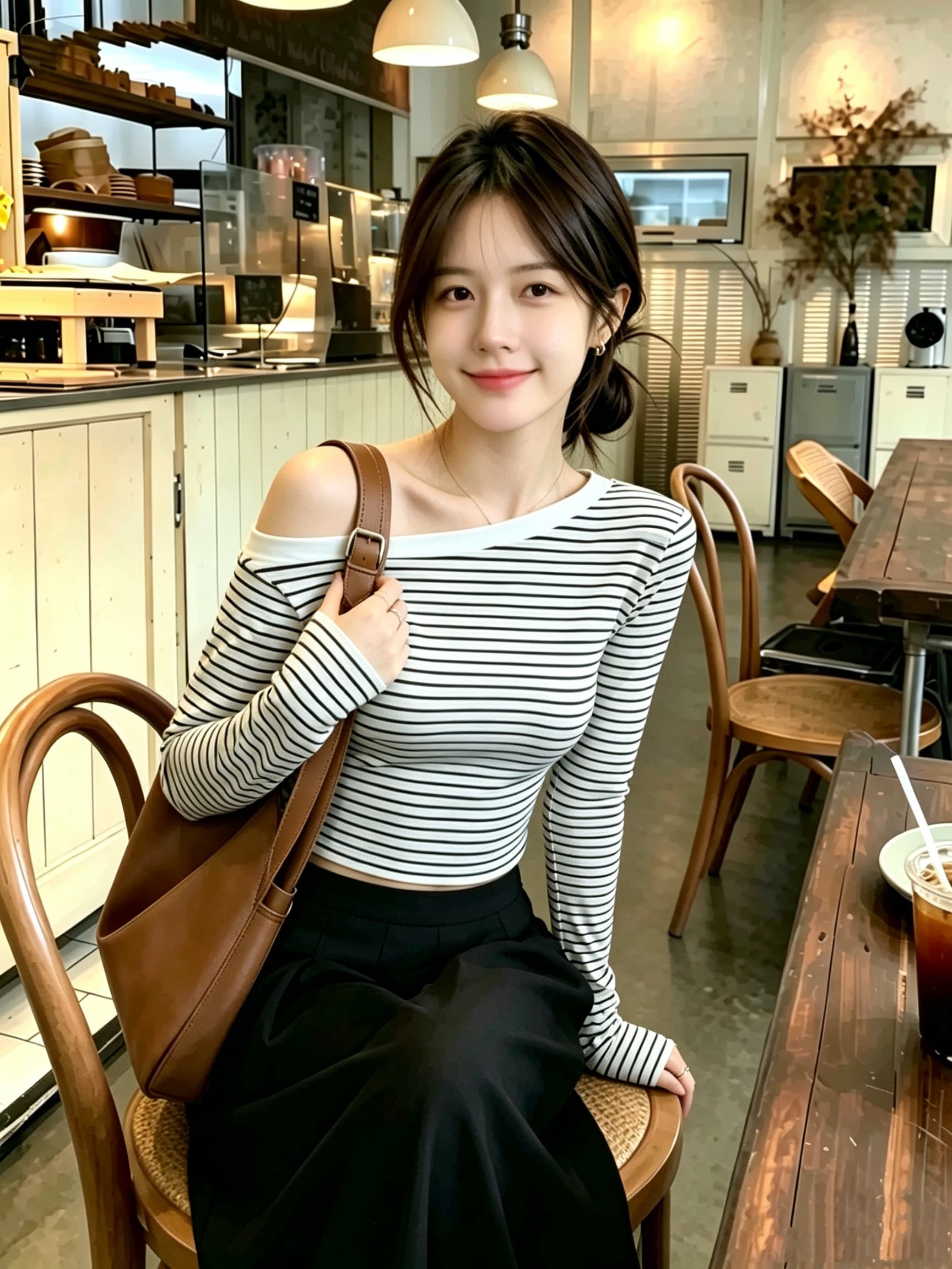 한 부서 흑백 줄무늬 비스듬한 어깨 보트넥 긴팔 티셔츠 여성 가을 싱글 착용 몸매 가꾸기 슬림해 보이는 쇼트 스타일 오프숄더 맨위 상세 이미지 4