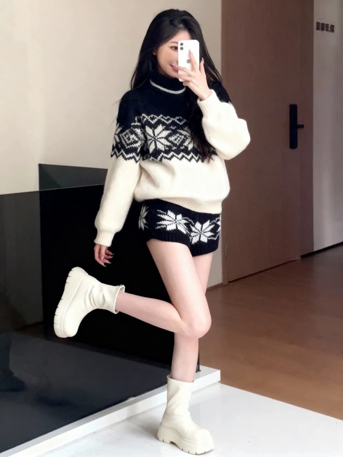 한 부서 전체 집합 깊은 겨울 착용 가져 가라. 학원 스타일 검정색 터틀넥 스웨터 반바지 공정한 섬 니트 작은 샤넬 스타일 세트 상세 이미지 2