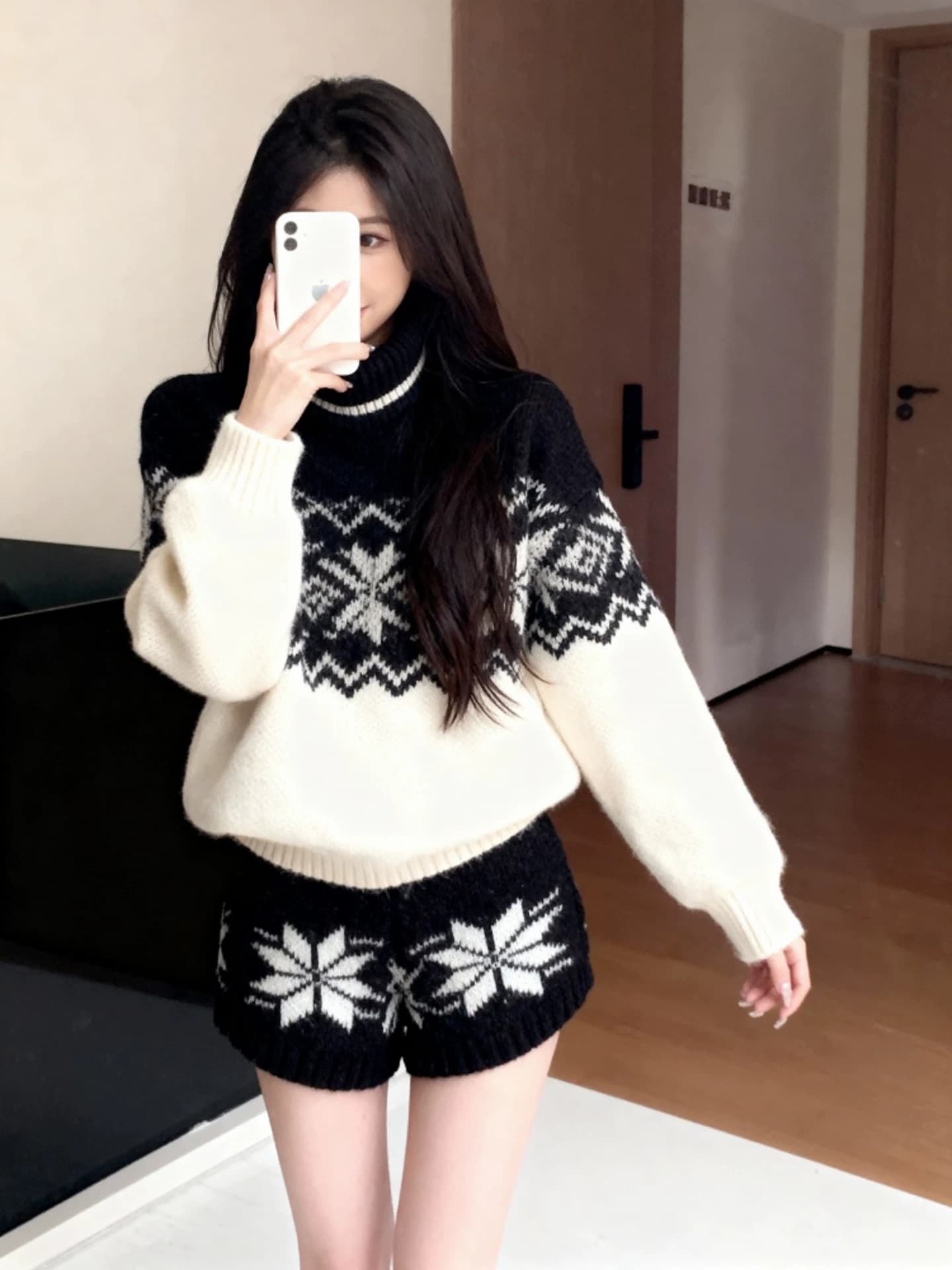한 부서 전체 집합 깊은 겨울 착용 가져 가라. 학원 스타일 검정색 터틀넥 스웨터 반바지 공정한 섬 니트 작은 샤넬 스타일 세트 상세 이미지 3