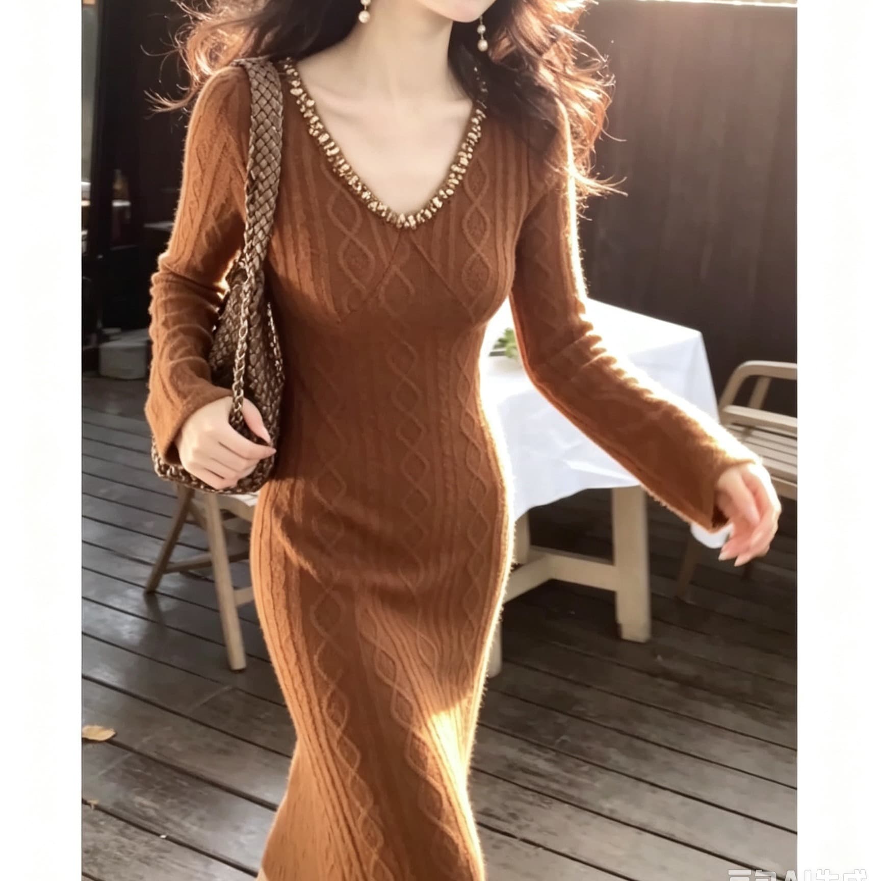 가을 부드러운 부유 한 가족 천 골드 센스 명문 여성 품격 여신 팬 관대 한 점잖은 브라운 니트 인사이드 가져 가라. 점프 슈트 치마 이미지 5
