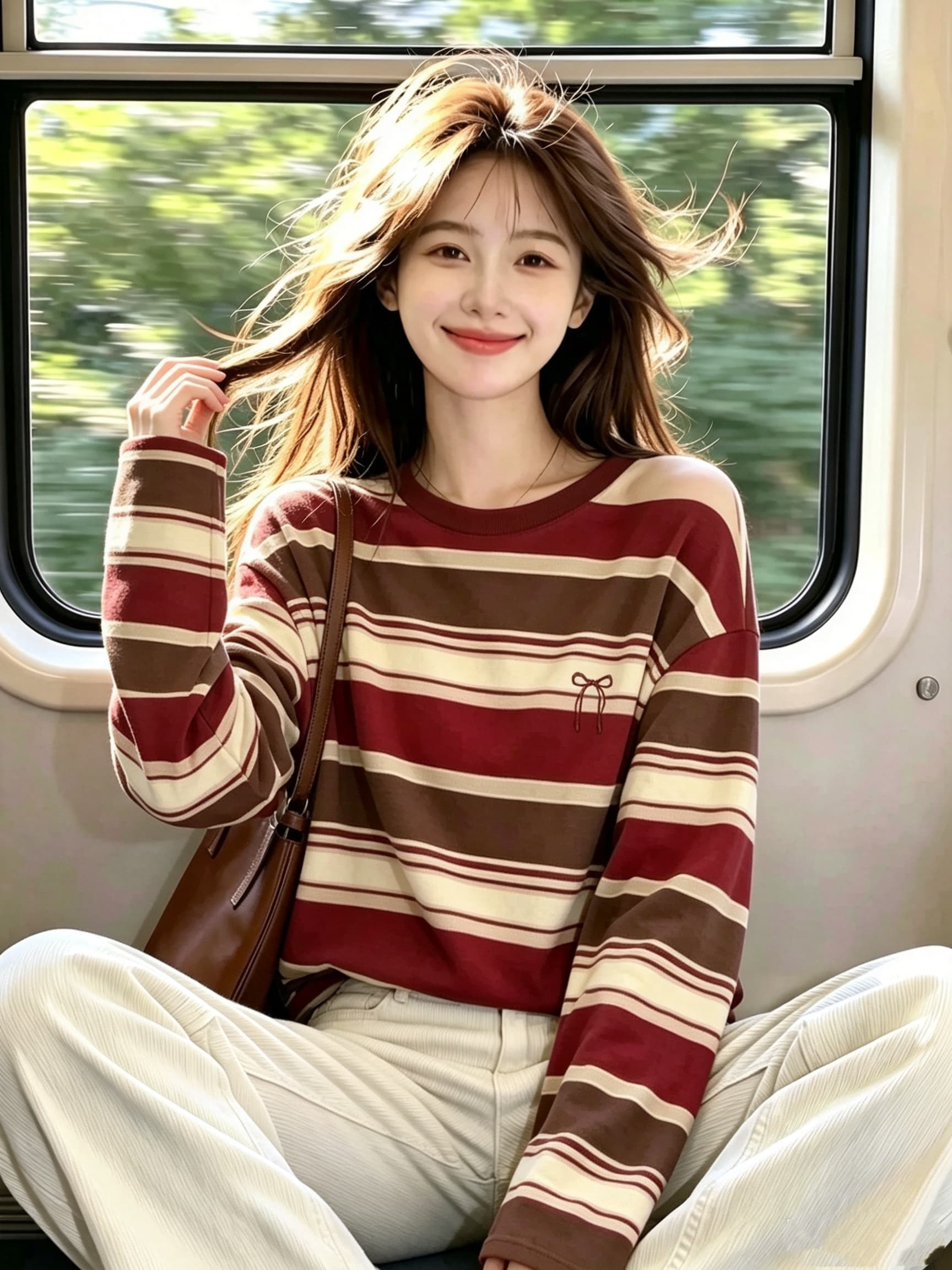 빨간색 스트라이프 나비 매듭 라운드 넥 맨위 아메리칸 레트로 작은 키 루즈핏 긍정적 인 어깨 쇼트 스타일 후드티 여성 가을과 겨울 상세 이미지 3