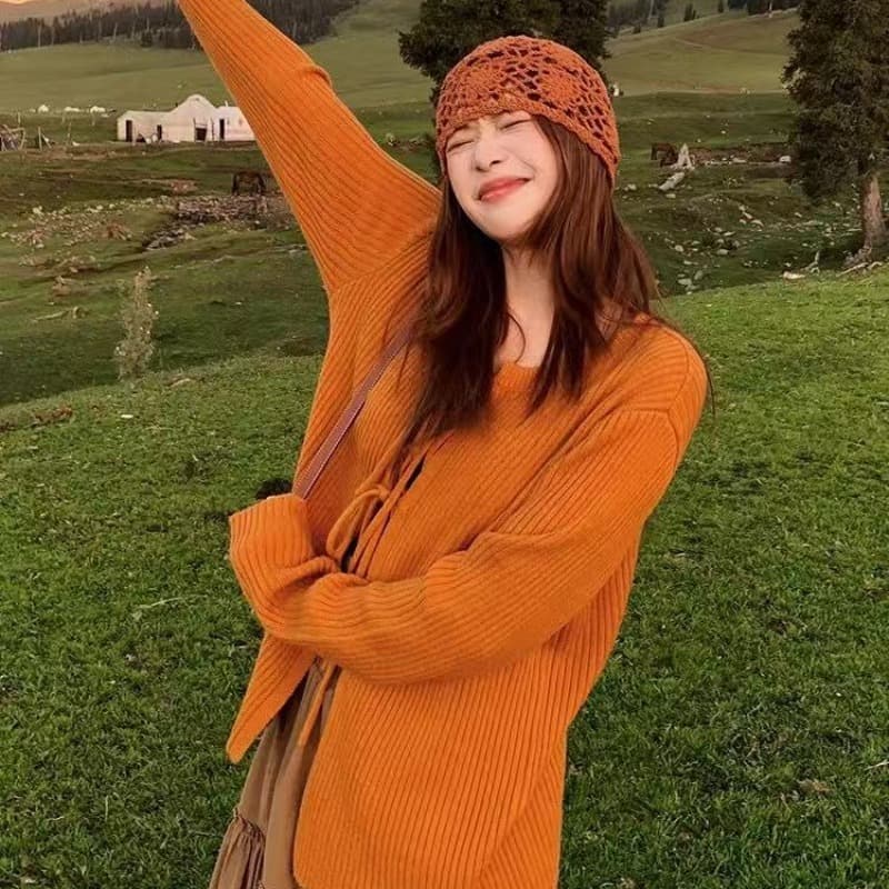 느긋한 바람 한 부서 주황색 레이스업 니트 오픈 가디건 여성 코트 이른 가을 경기 슬립 인기 착용 가져 가라. 그레이트 봐. 의류 이미지 5