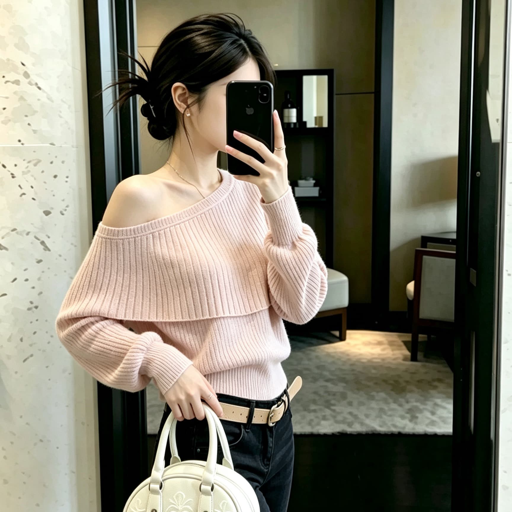 자이언트 잘 생긴 ~ 중 가을 ootd 착용 가져 가라. 디자인 센스 아름다운 핑크색 작은 샤넬 스타일 비스듬한 어깨 보트넥 니트 스웨터 스웨터 이미지 5