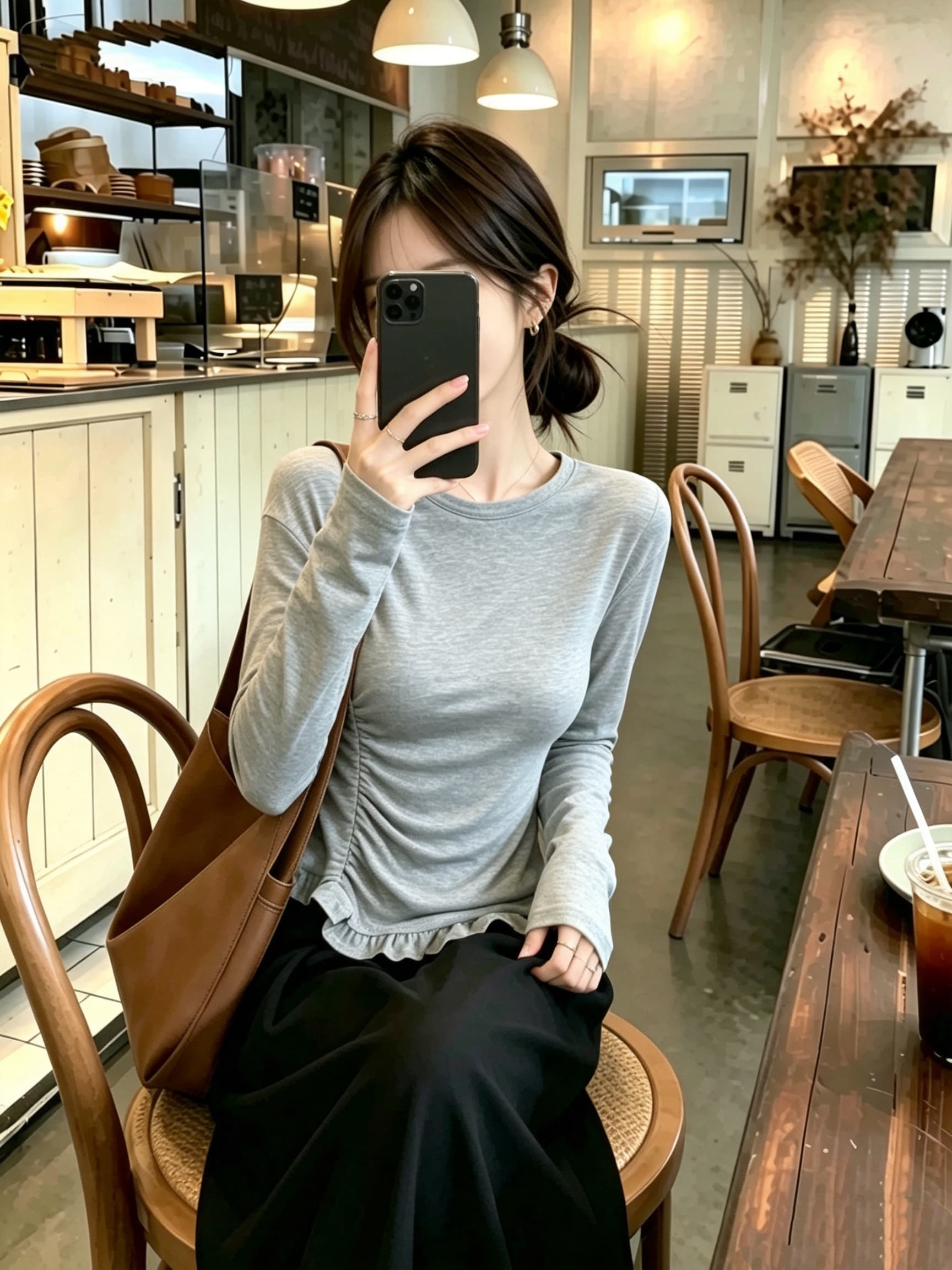 한 부서 회색 긴팔 긍정적 인 어깨 티셔츠 기본 셔츠 여성 가을 프릴 불규칙 인사이드 가져 가라. 꼬집기 허리 쇼트 스타일 맨위 상세 이미지 3