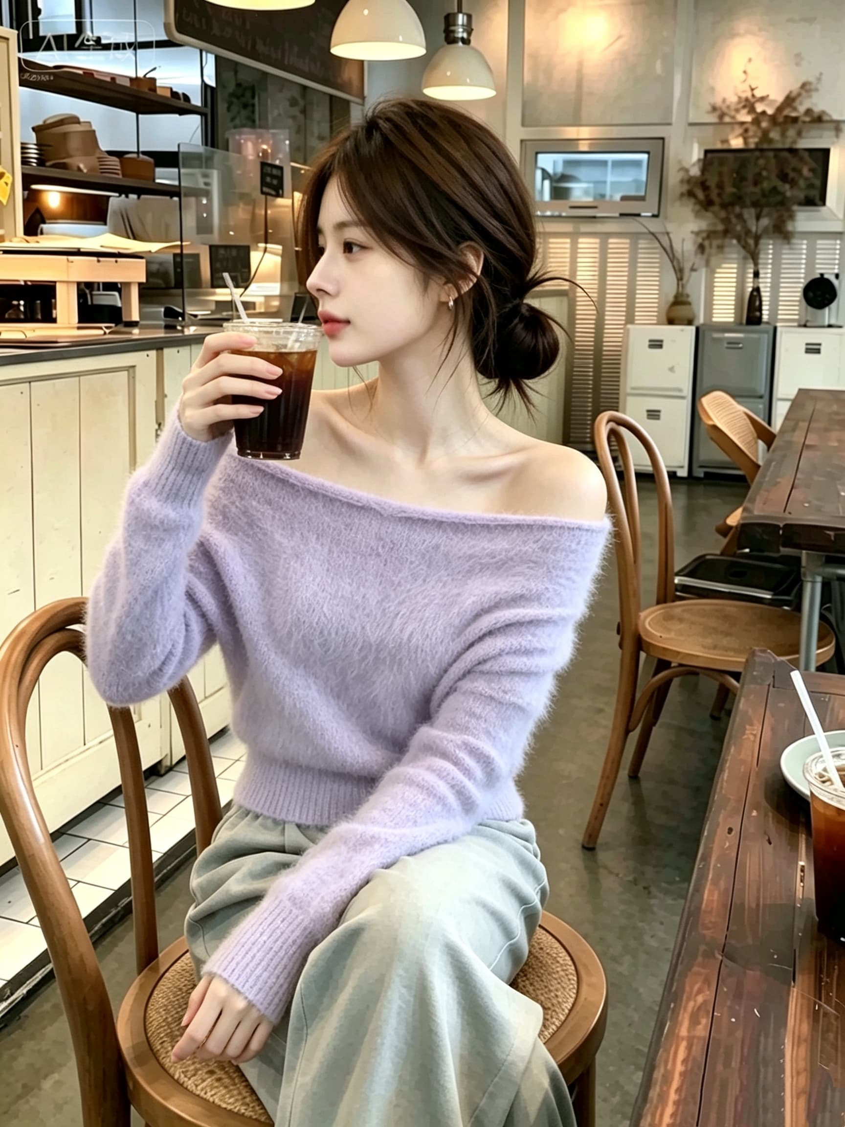 자이언트 잘 생긴 ~ 중 황색 모헤어 오프숄더 스웨터 여자 가을 겨울철 부드러운 찹쌀 우유 씽 하는 소리 인사이드 가져 가라. 니트 스웨터 맨위 이미지 3