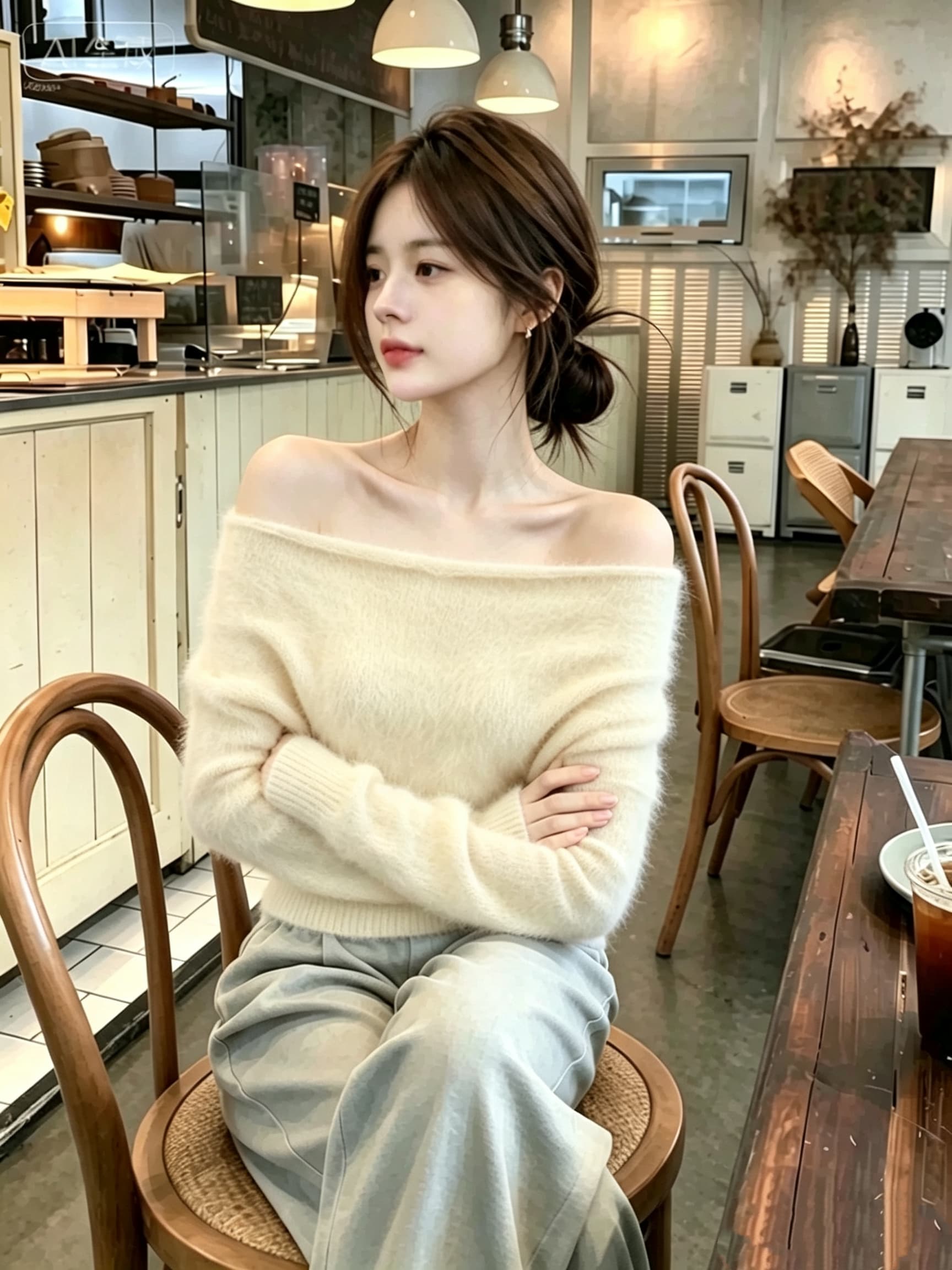 자이언트 잘 생긴 ~ 중 황색 모헤어 오프숄더 스웨터 여자 가을 겨울철 부드러운 찹쌀 우유 씽 하는 소리 인사이드 가져 가라. 니트 스웨터 맨위 이미지 4