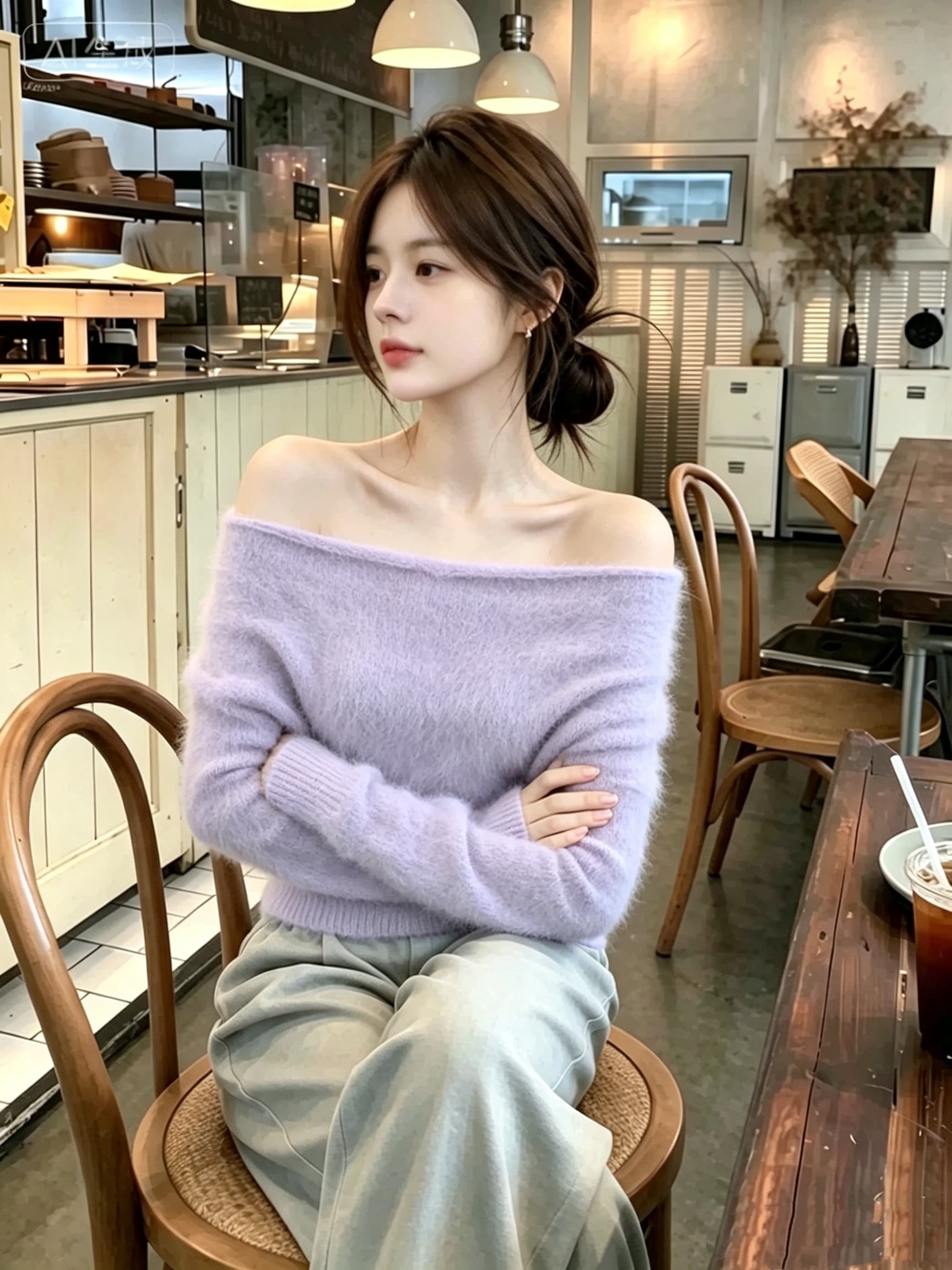 자이언트 잘 생긴 ~ 중 황색 모헤어 오프숄더 스웨터 여자 가을 겨울철 부드러운 찹쌀 우유 씽 하는 소리 인사이드 가져 가라. 니트 스웨터 맨위 상세 이미지 3