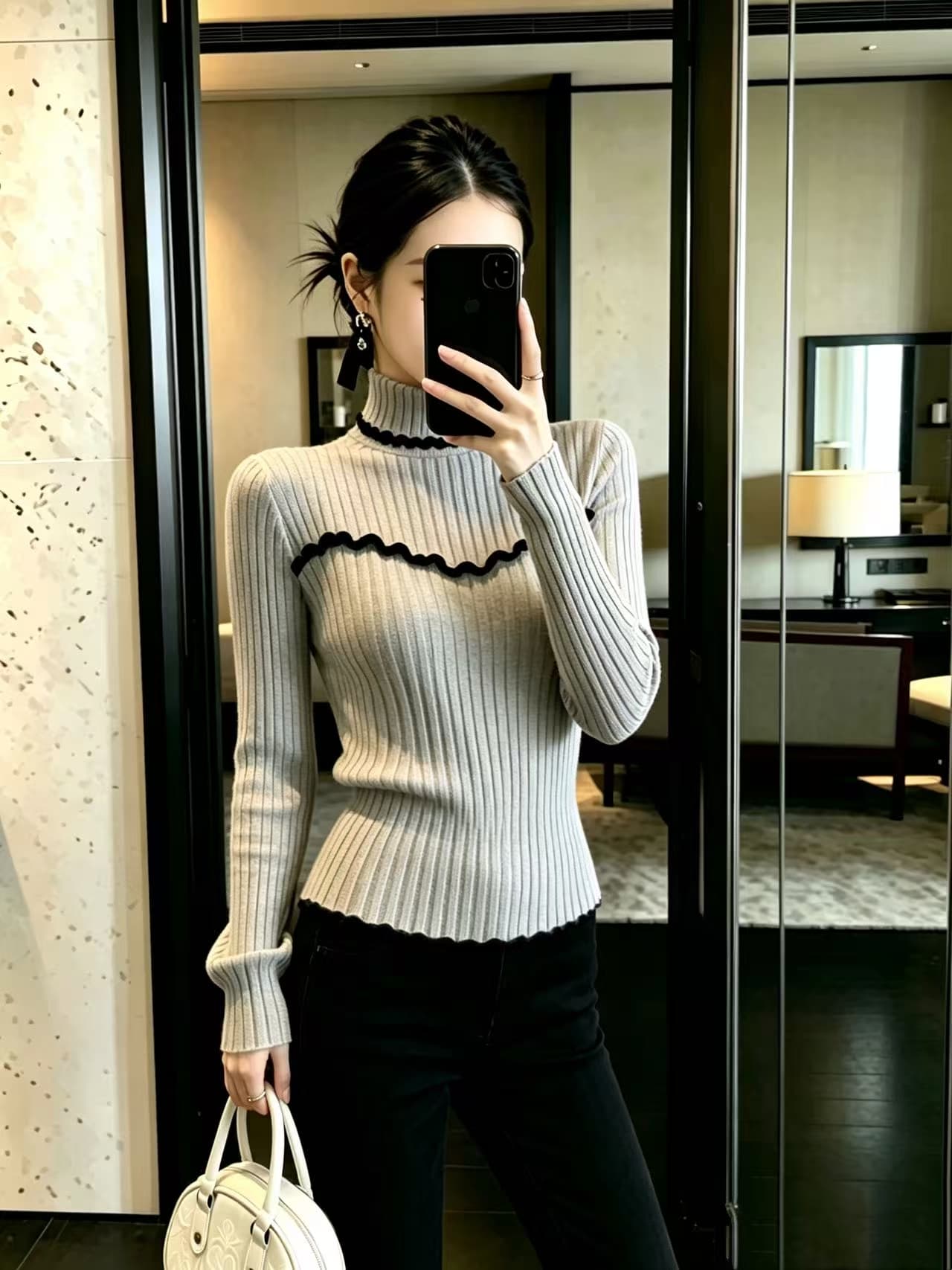 가을 겨울 고유 한 패치워크 프릴 몸매 가꾸기 니트 기본 셔츠 여성 디자인 센스 회색 터틀넥 긴팔 아름다운 맨위 상세 이미지 6
