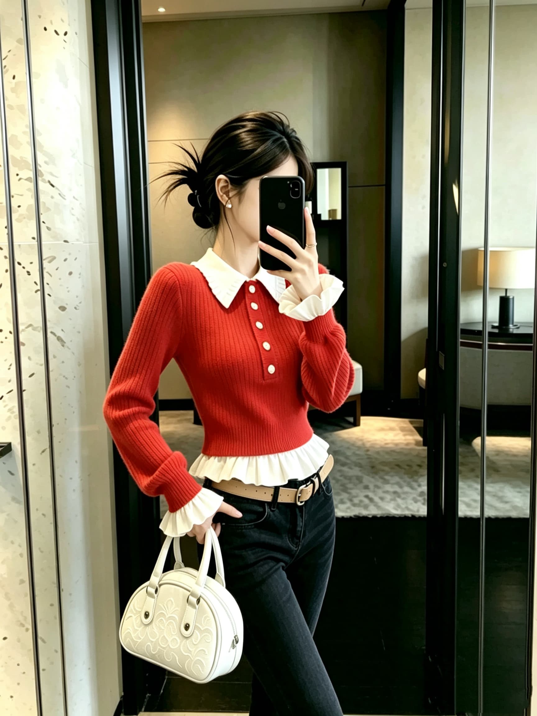 작은 샤넬 스타일 빨간색 페이크 레이어드 스웨터 여자 고급 센스 슈퍼 잘 생긴 가을 겨울 새로운 프릴 니트 만나는 맨위