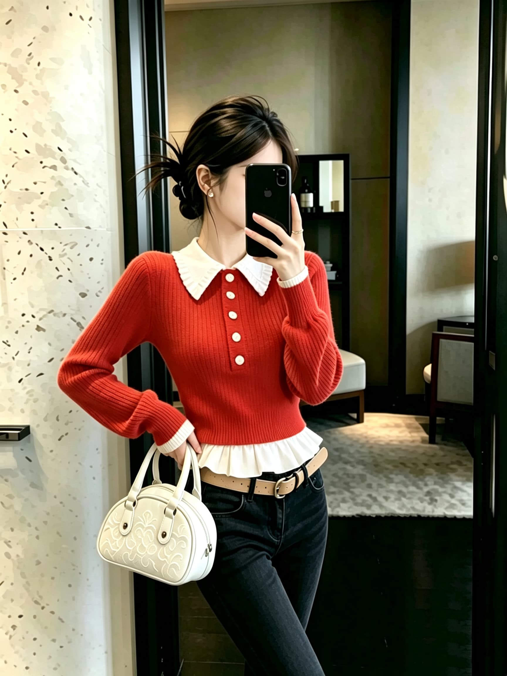 작은 샤넬 스타일 빨간색 페이크 레이어드 스웨터 여자 고급 센스 슈퍼 잘 생긴 가을 겨울 새로운 프릴 니트 만나는 맨위 이미지 3