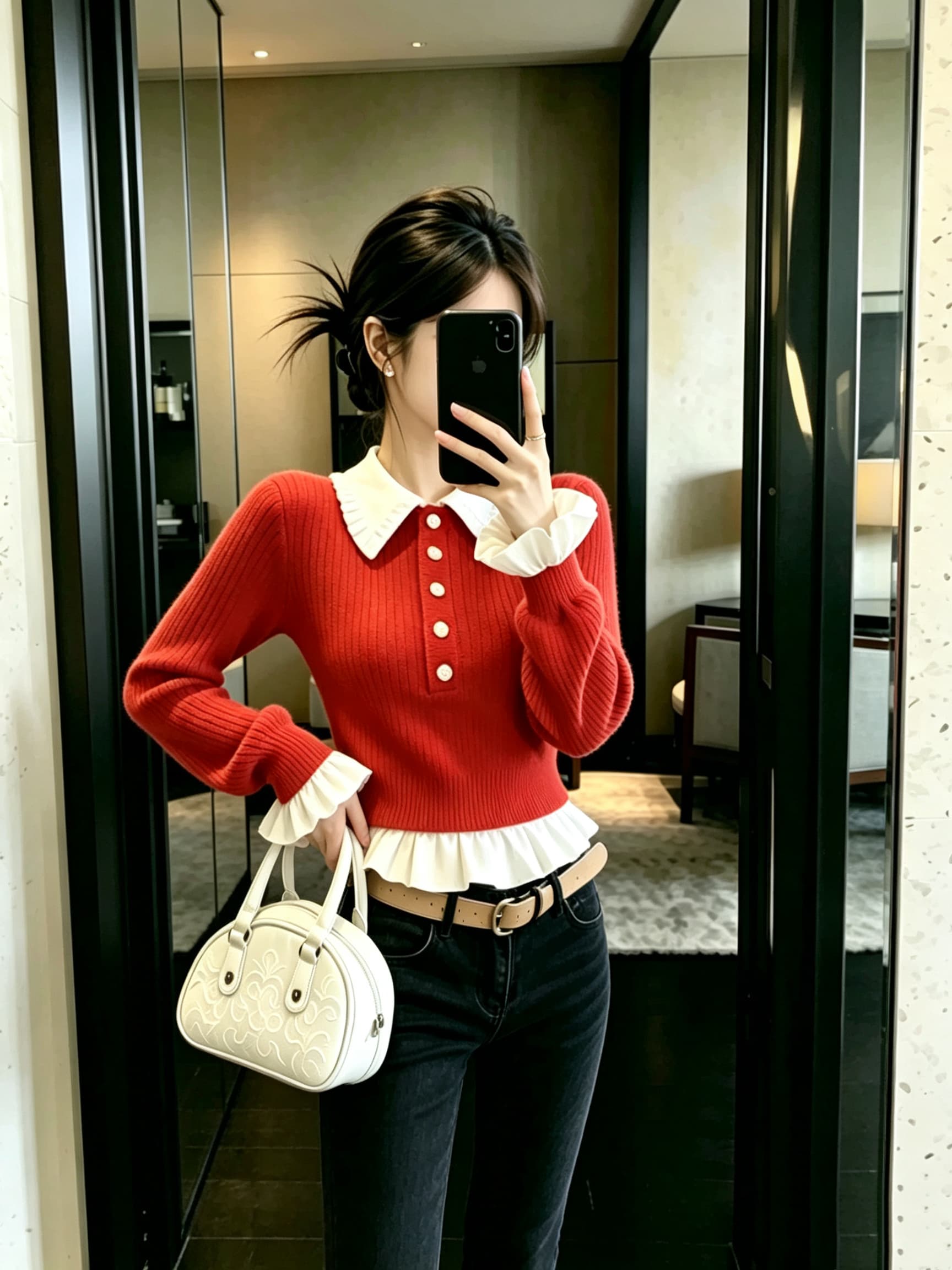 작은 샤넬 스타일 빨간색 페이크 레이어드 스웨터 여자 고급 센스 슈퍼 잘 생긴 가을 겨울 새로운 프릴 니트 만나는 맨위 이미지 4