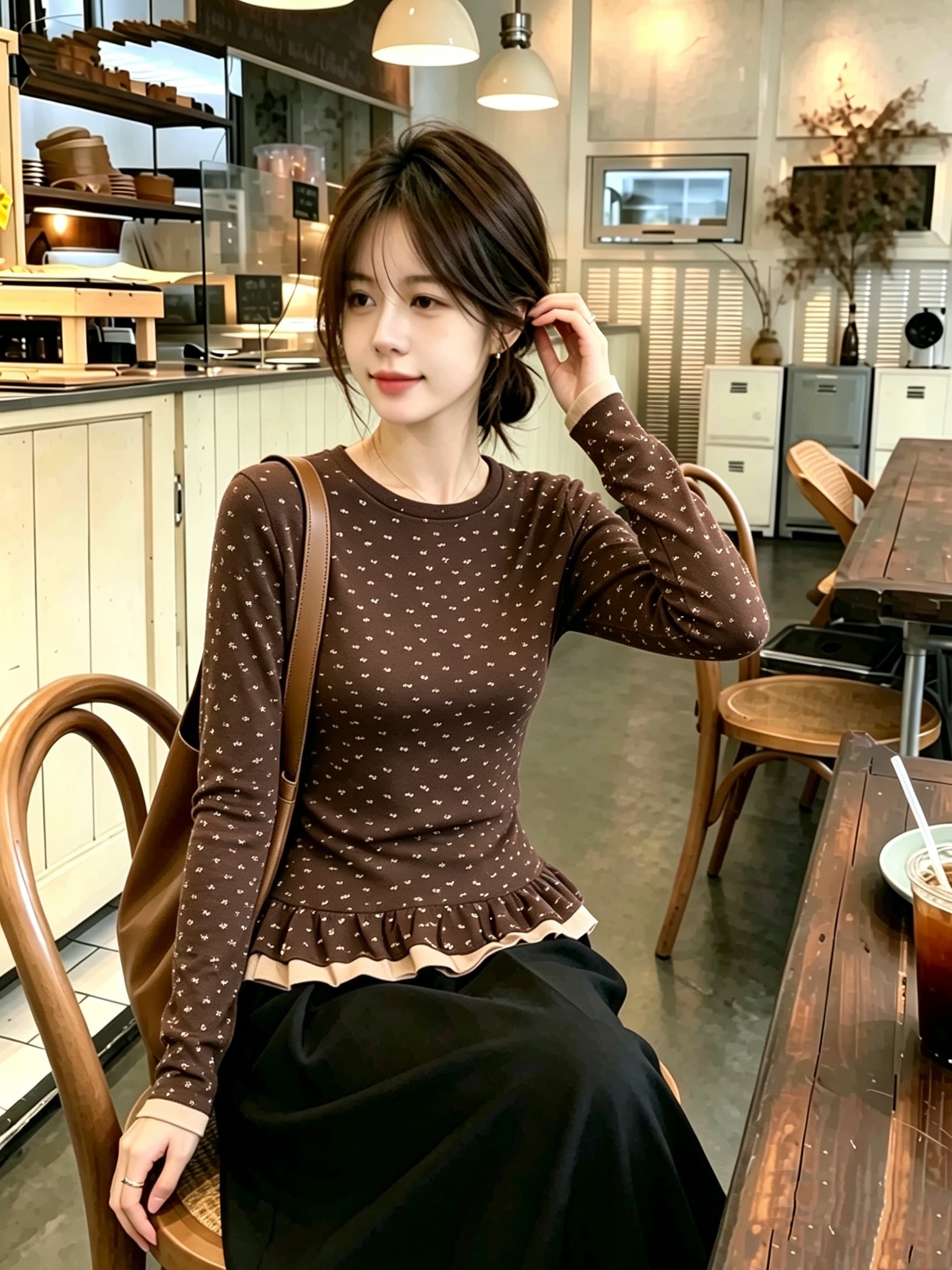 가을 겨울철 레트로 배색 패치워크 페이크 레이어드 연삭 털 기본 셔츠 여성 인사이드 가져 가라. 꽃무늬 긴팔 티셔츠 레이스 맨위