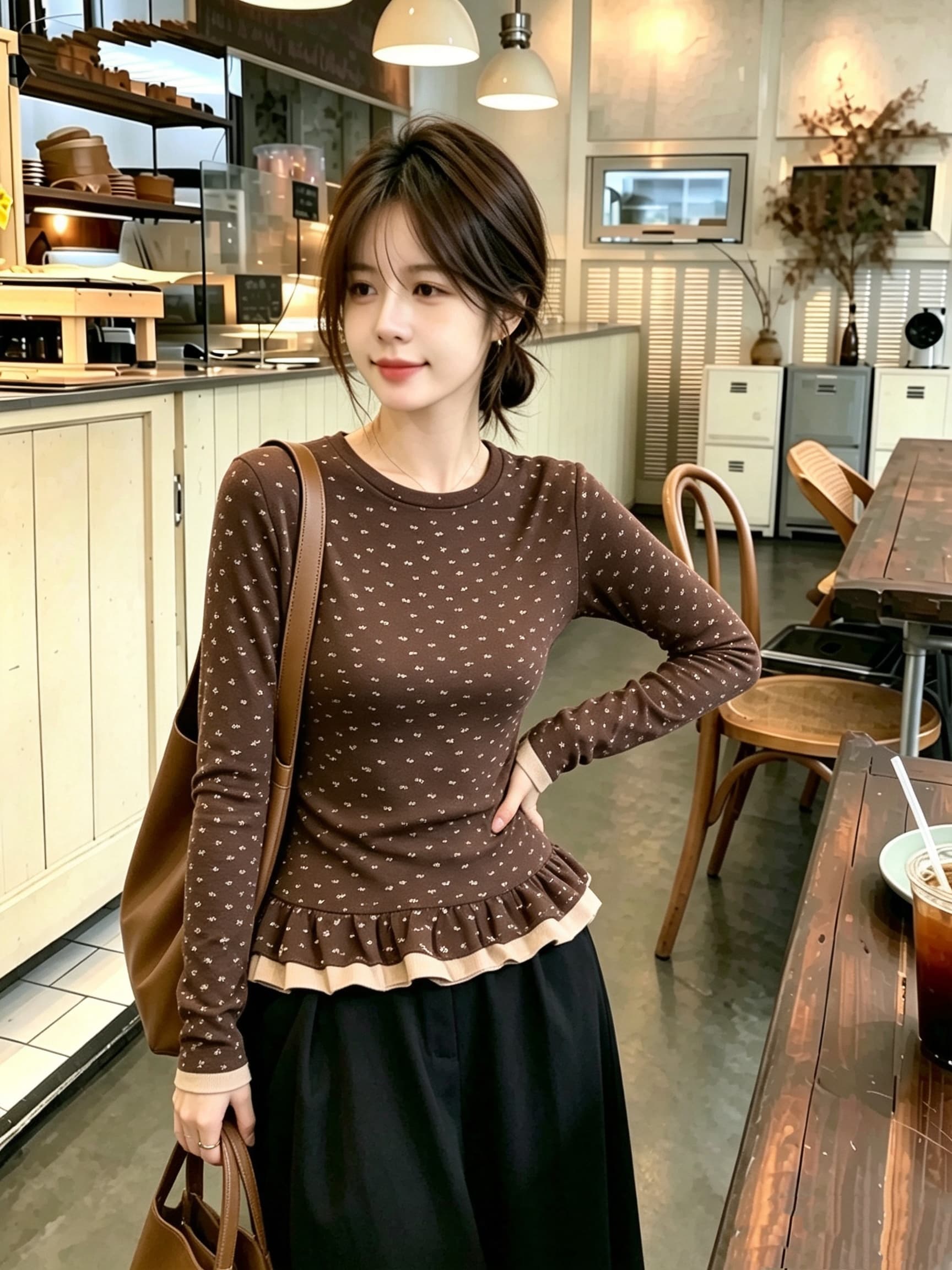 가을 겨울철 레트로 배색 패치워크 페이크 레이어드 연삭 털 기본 셔츠 여성 인사이드 가져 가라. 꽃무늬 긴팔 티셔츠 레이스 맨위 이미지 4