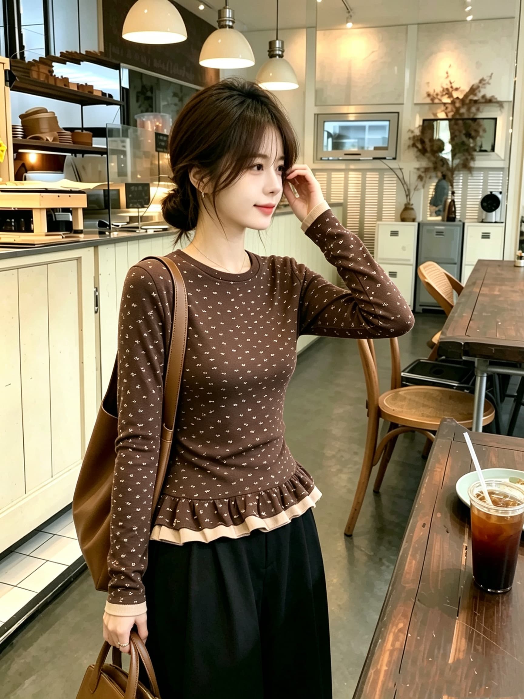 가을 겨울철 레트로 배색 패치워크 페이크 레이어드 연삭 털 기본 셔츠 여성 인사이드 가져 가라. 꽃무늬 긴팔 티셔츠 레이스 맨위 상세 이미지 3