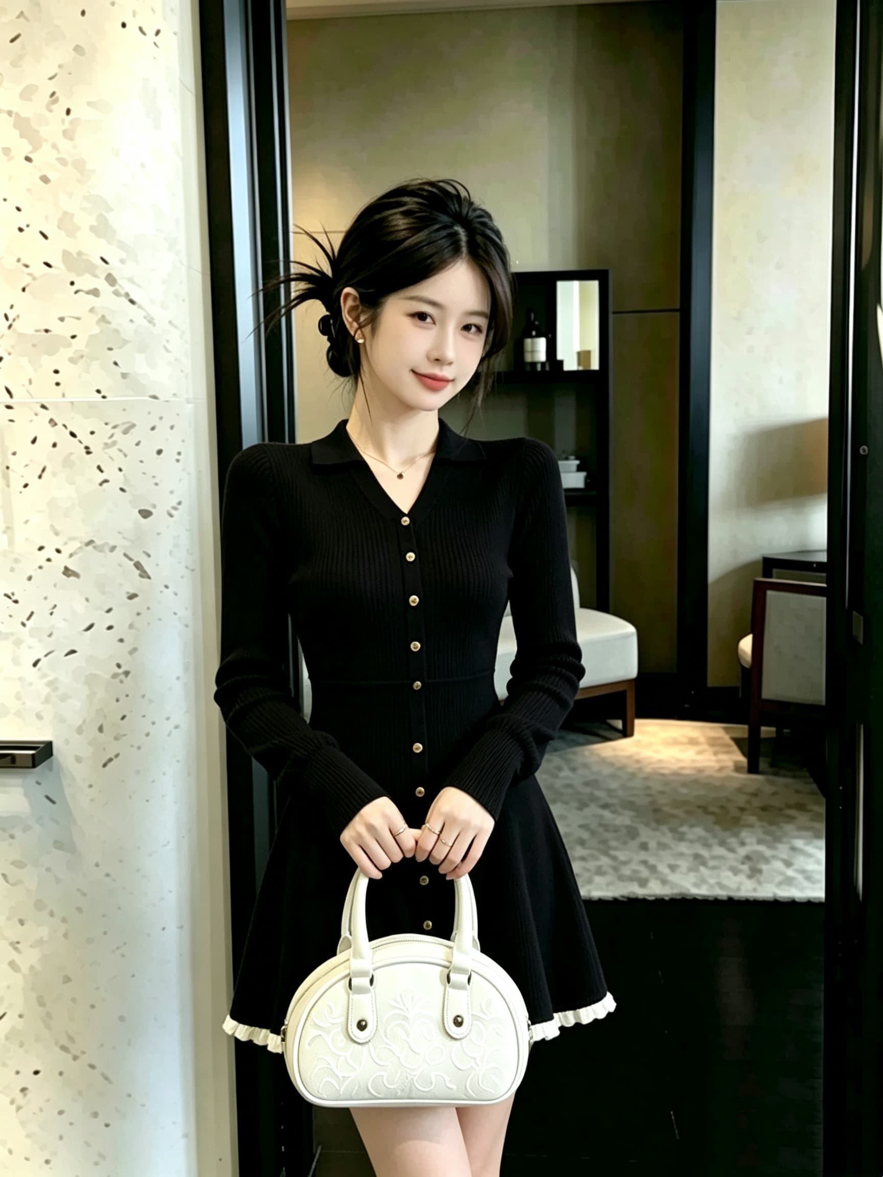 2026 가을 겨울 새로운 자이언트 잘 생긴 부유 한 가족 천 골드 miu 부서 빛 럭셔리 작은 대중 아니요 명중 섹션 검정색 니트 드레스 이미지 4