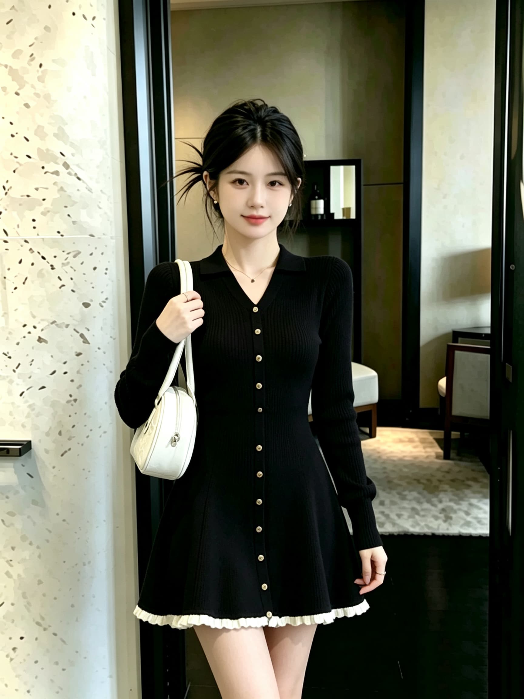 2026 가을 겨울 새로운 자이언트 잘 생긴 부유 한 가족 천 골드 miu 부서 빛 럭셔리 작은 대중 아니요 명중 섹션 검정색 니트 드레스 상세 이미지 4