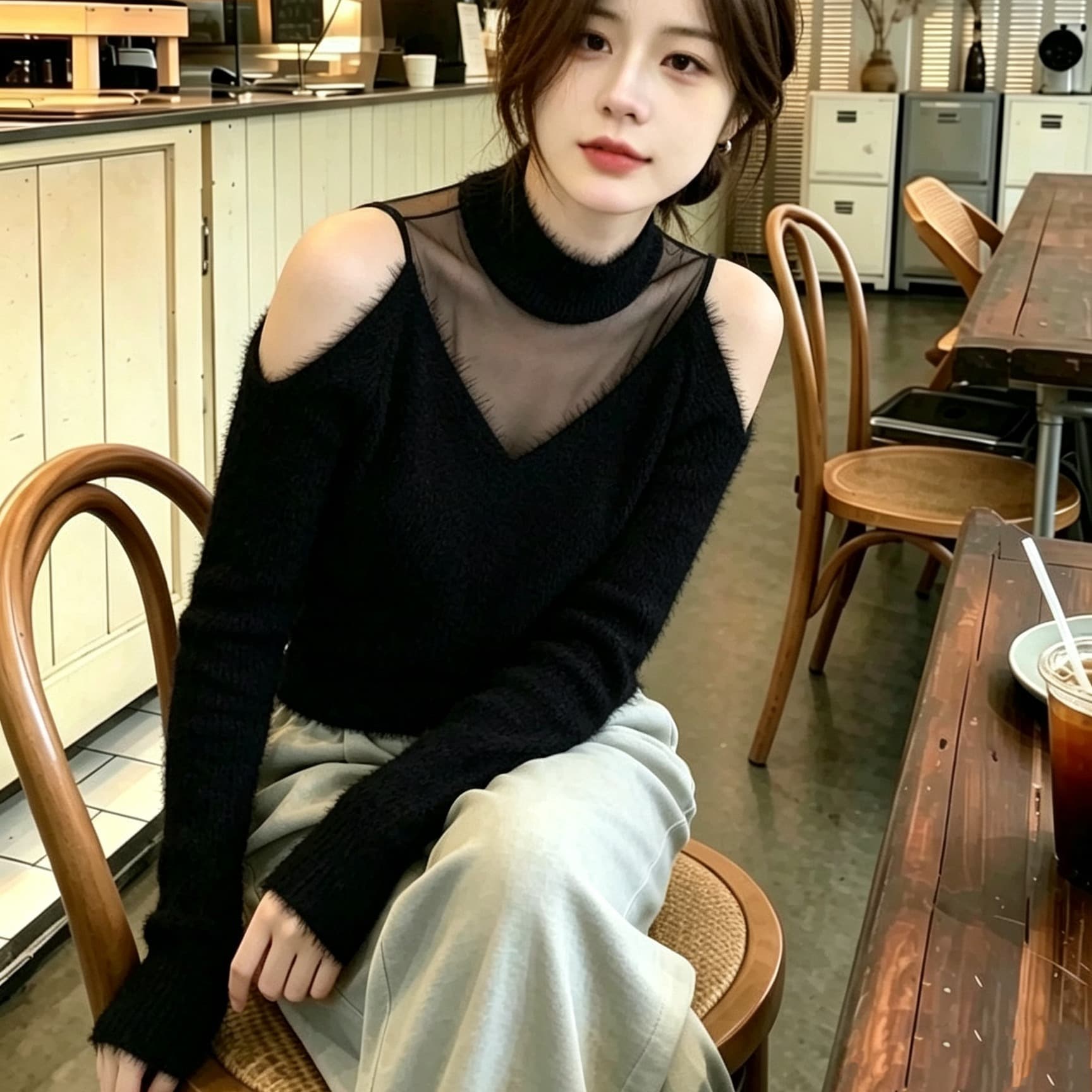 가을 한 부서 아름다운 부드러운 찹쌀 느긋한 바람 다용도 맨위 품격 명문 여성 고급 센스 검정색 오프숄더 니트 스웨터 이미지 5
