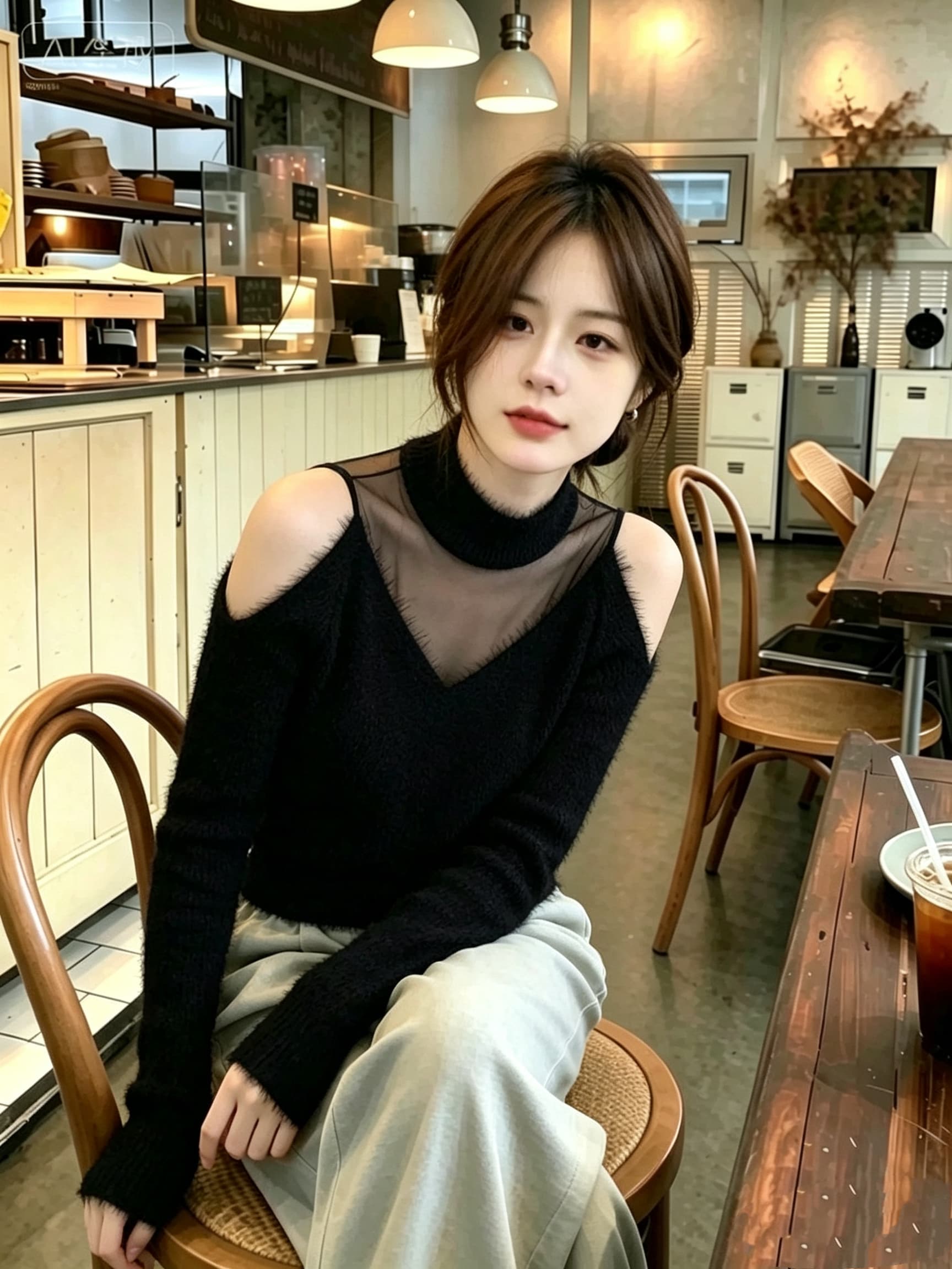 가을 한 부서 아름다운 부드러운 찹쌀 느긋한 바람 다용도 맨위 품격 명문 여성 고급 센스 검정색 오프숄더 니트 스웨터 상세 이미지 1