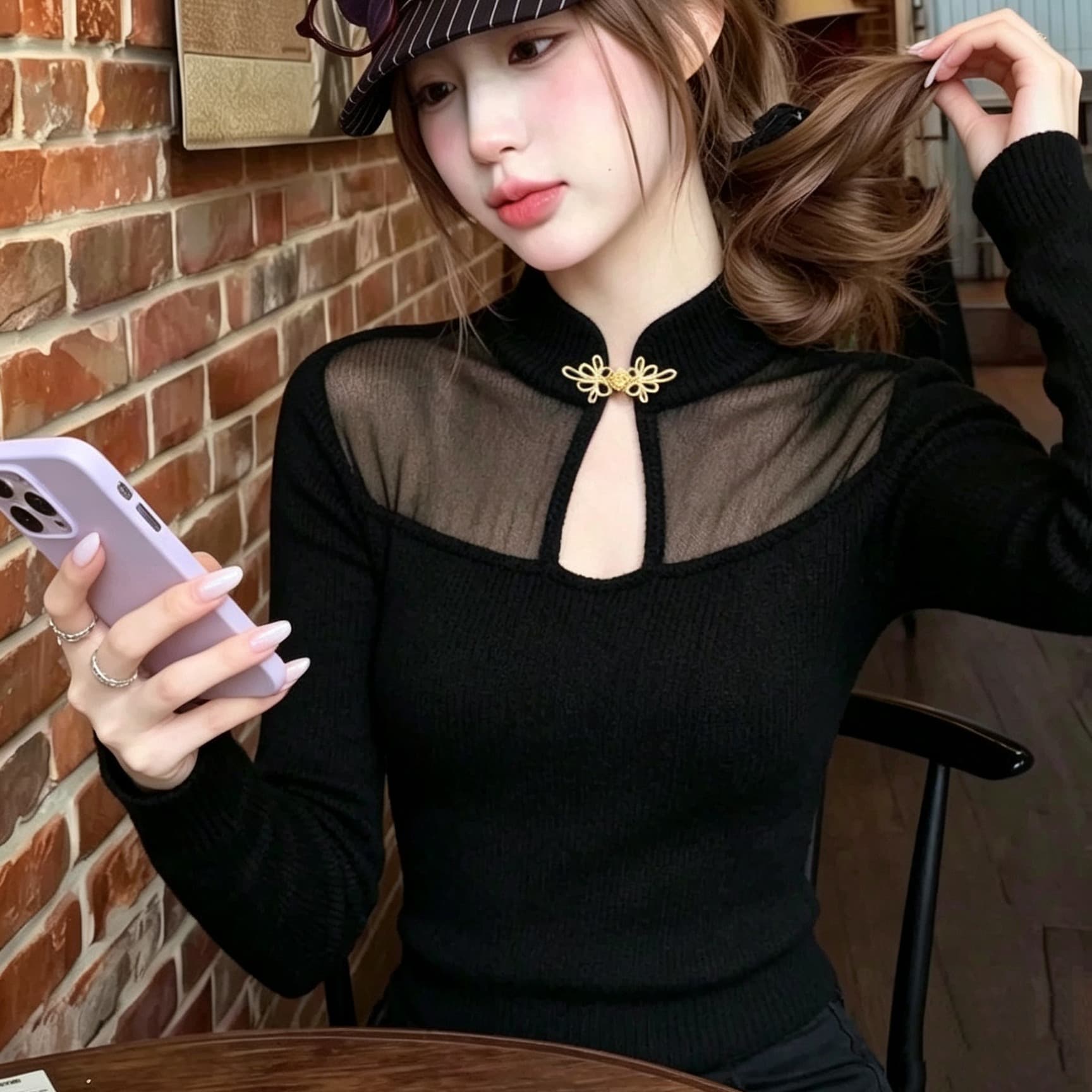가을 겨울 새로운 중식 레트로 검정색 니트 기본 셔츠 여성 인사이드 가져 가라. 디자인 센스 허리 수축 몸매 가꾸기 홀로우 아웃 스탠드 칼라 맨위 이미지 5