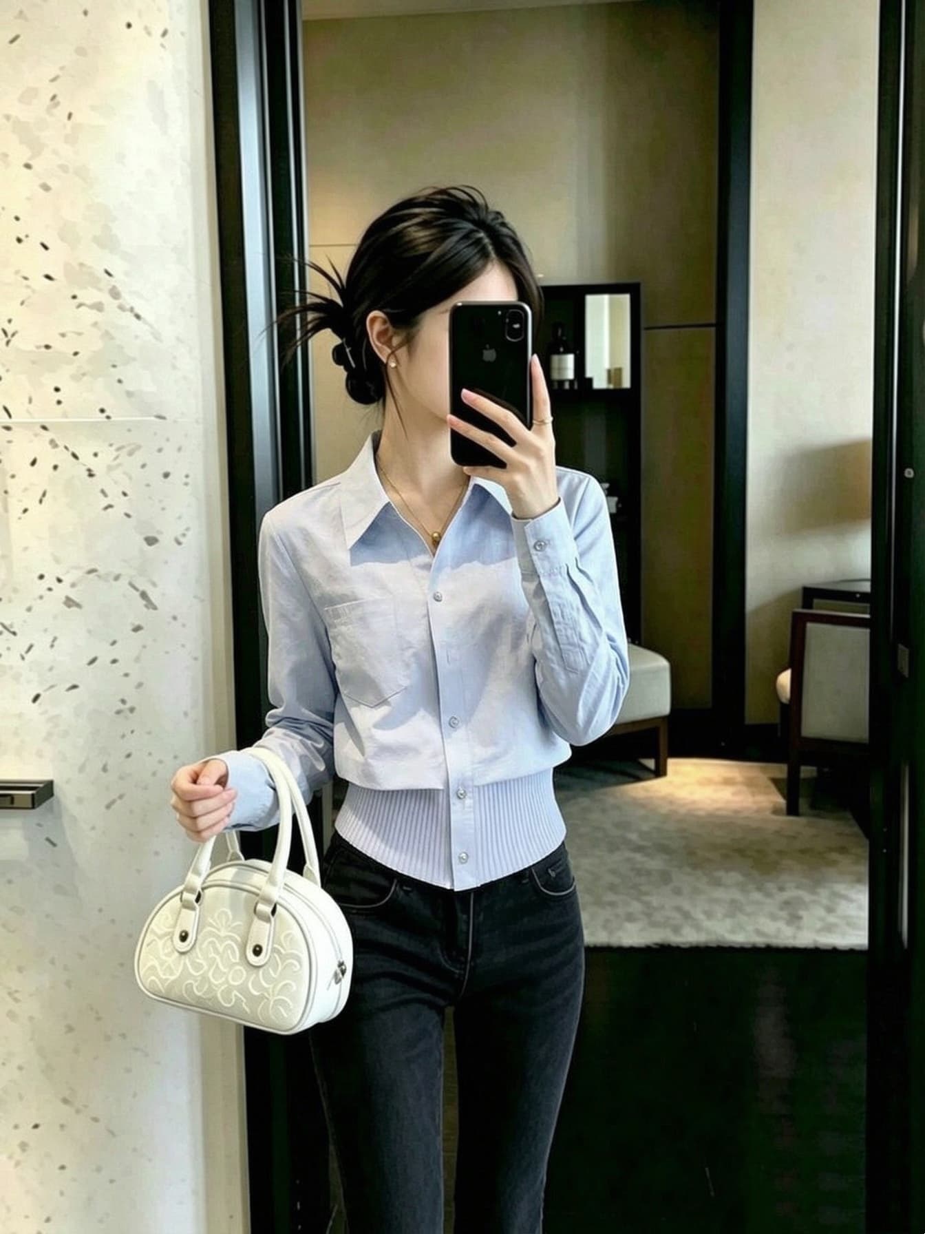 와 성별 캐주얼 출퇴근 바람 아기 블루 페이크 레이어드 맨위 여성 문예 바람 루즈핏 슬림해 보이는 맨위 다용도 2026 가을