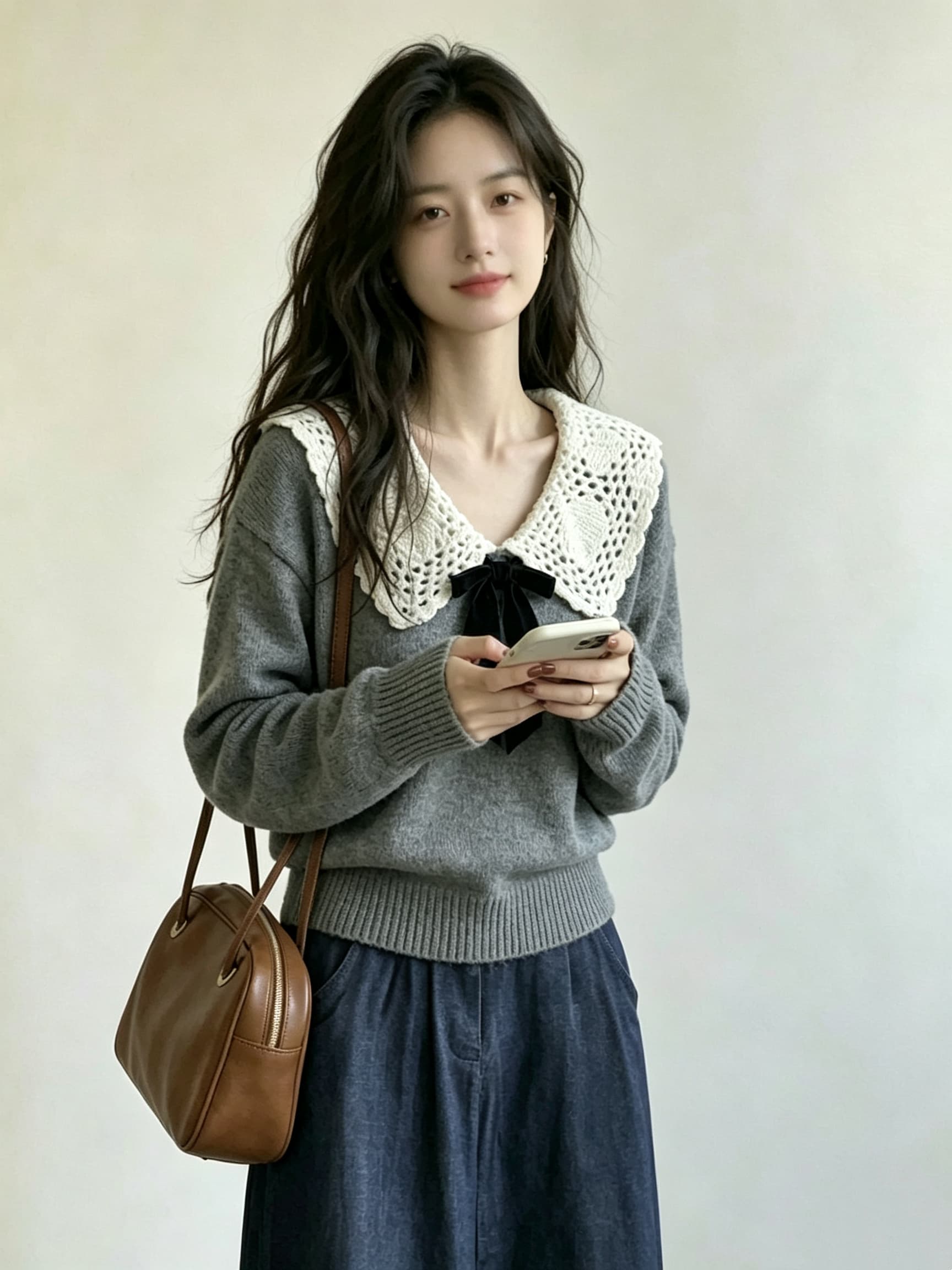 프랑스식 레트로 작은 샤넬 스타일 회색 폴로 칼라 풀오버 스웨터 여자 가을 겨울 루즈핏 니트 스웨터 외출용 나비 매듭 맨위 상세 이미지 6