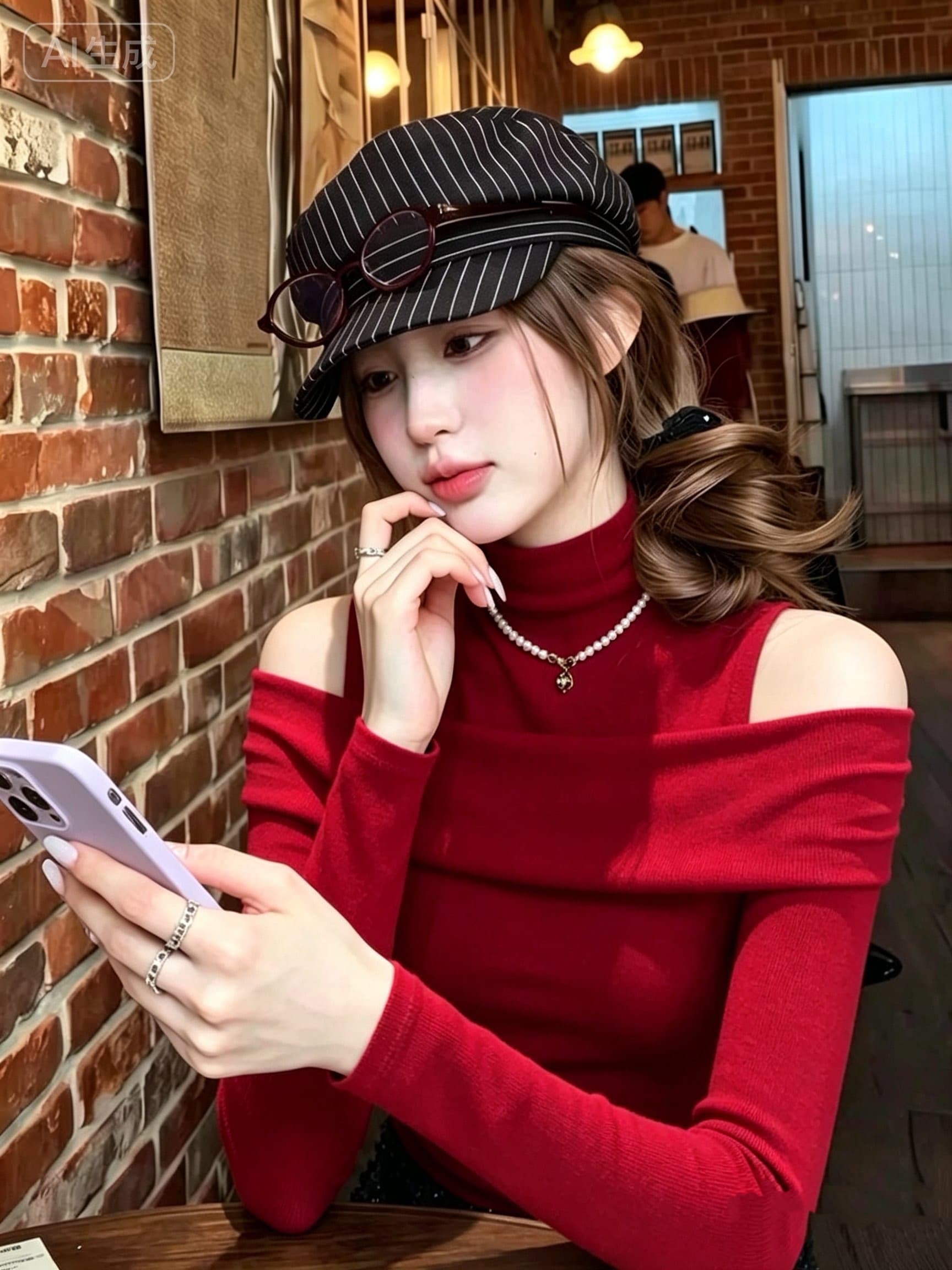 빨간색 작은 키 오프숄더 터틀넥 니트 기본 셔츠 여성 인사이드 가져 가라. 가을 겨울 고유 한 프랑스식 달콤한 핫걸 아름다운 맨위 상세 이미지 1