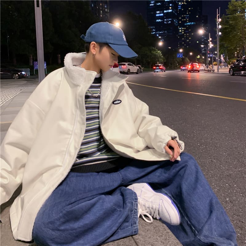 양털 플리스 면 옷 남자 겨울 보온 스탠드 칼라 면 의류 재킷 털이 있고 두꺼운 가죽 재킷 양면 착용 목화 진딧물 패딩 재킷