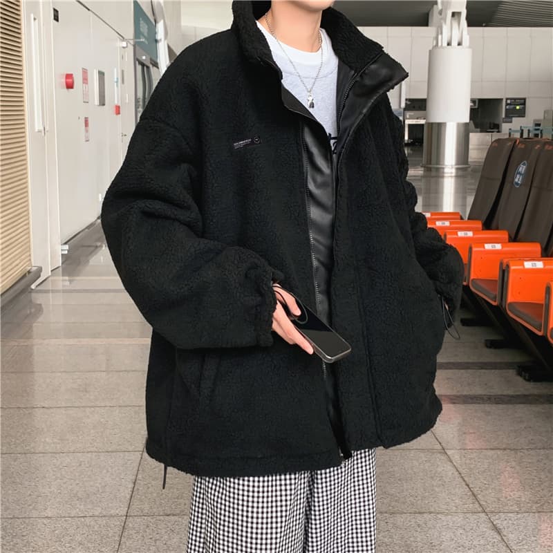 양털 플리스 면 옷 남자 겨울 보온 스탠드 칼라 면 의류 재킷 털이 있고 두꺼운 가죽 재킷 양면 착용 목화 진딧물 패딩 재킷 이미지 4