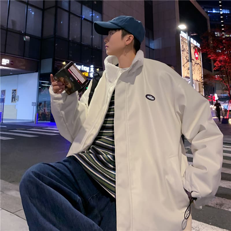 양털 플리스 면 옷 남자 겨울 보온 스탠드 칼라 면 의류 재킷 털이 있고 두꺼운 가죽 재킷 양면 착용 목화 진딧물 패딩 재킷 상세 이미지 1