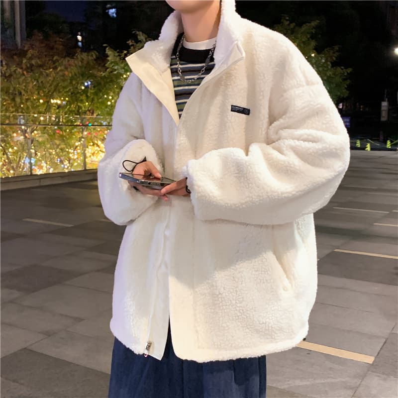 양털 플리스 면 옷 남자 겨울 보온 스탠드 칼라 면 의류 재킷 털이 있고 두꺼운 가죽 재킷 양면 착용 목화 진딧물 패딩 재킷 상세 이미지 5