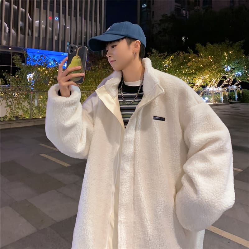 양털 플리스 면 옷 남자 겨울 보온 스탠드 칼라 면 의류 재킷 털이 있고 두꺼운 가죽 재킷 양면 착용 목화 진딧물 패딩 재킷 상세 이미지 6
