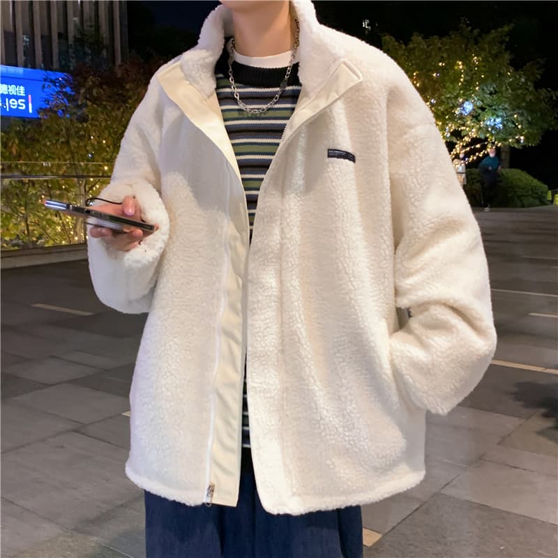 양털 플리스 면 옷 남자 겨울 보온 스탠드 칼라 면 의류 재킷 털이 있고 두꺼운 가죽 재킷 양면 착용 목화 진딧물 패딩 재킷 상세 이미지 7