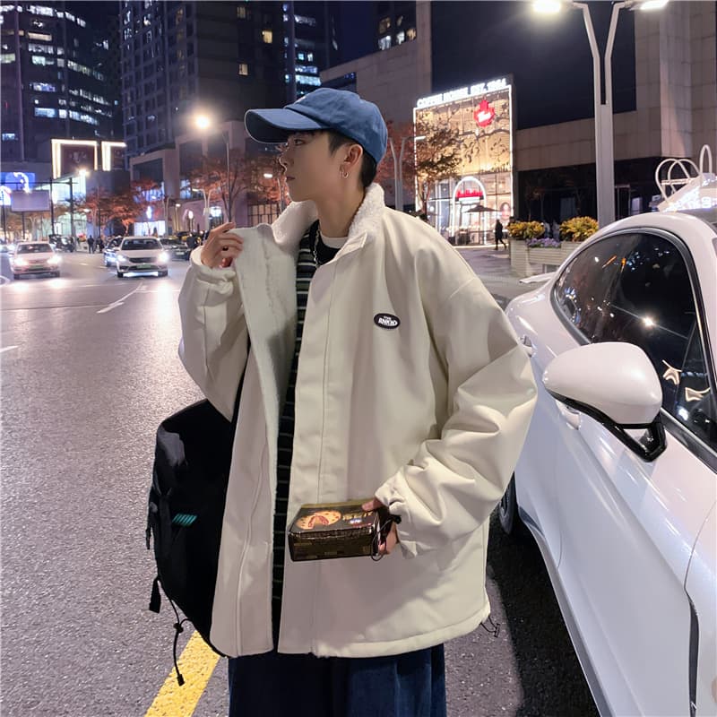 양털 플리스 면 옷 남자 겨울 보온 스탠드 칼라 면 의류 재킷 털이 있고 두꺼운 가죽 재킷 양면 착용 목화 진딧물 패딩 재킷 상세 이미지 9