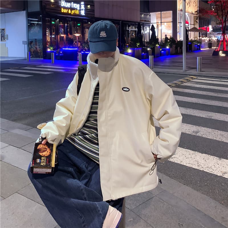 양털 플리스 면 옷 남자 겨울 보온 스탠드 칼라 면 의류 재킷 털이 있고 두꺼운 가죽 재킷 양면 착용 목화 진딧물 패딩 재킷 상세 이미지 10