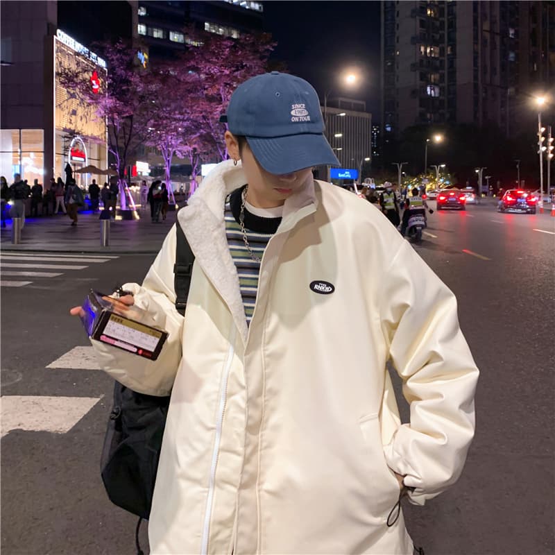 양털 플리스 면 옷 남자 겨울 보온 스탠드 칼라 면 의류 재킷 털이 있고 두꺼운 가죽 재킷 양면 착용 목화 진딧물 패딩 재킷 상세 이미지 11