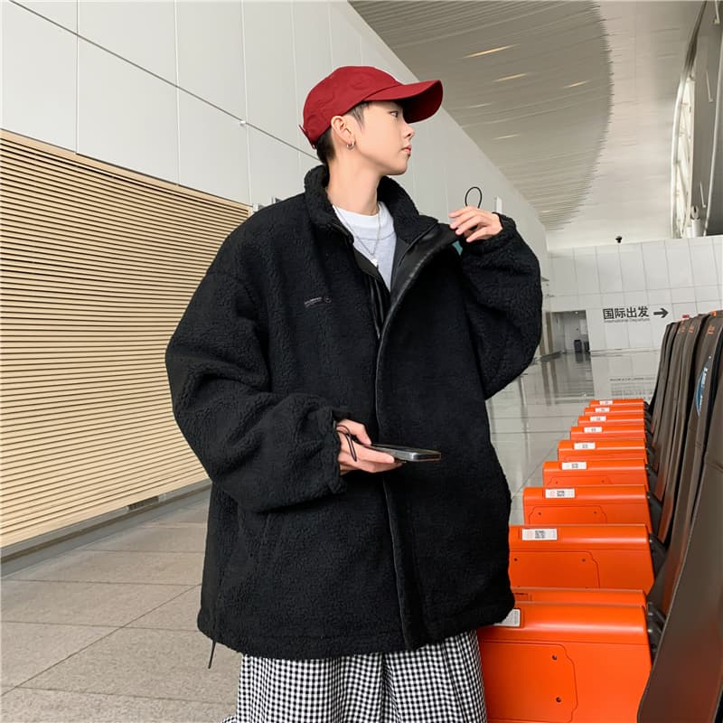 양털 플리스 면 옷 남자 겨울 보온 스탠드 칼라 면 의류 재킷 털이 있고 두꺼운 가죽 재킷 양면 착용 목화 진딧물 패딩 재킷 상세 이미지 13