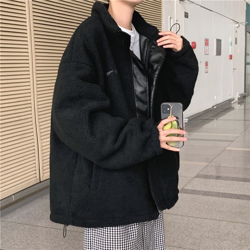 양털 플리스 면 옷 남자 겨울 보온 스탠드 칼라 면 의류 재킷 털이 있고 두꺼운 가죽 재킷 양면 착용 목화 진딧물 패딩 재킷 상세 이미지 14