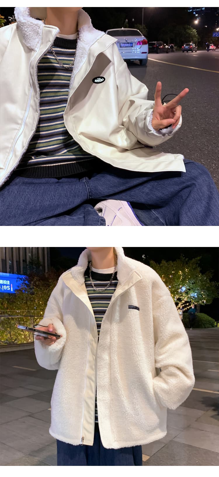 양털 플리스 면 옷 남자 겨울 보온 스탠드 칼라 면 의류 재킷 털이 있고 두꺼운 가죽 재킷 양면 착용 목화 진딧물 패딩 재킷 상세 이미지 24