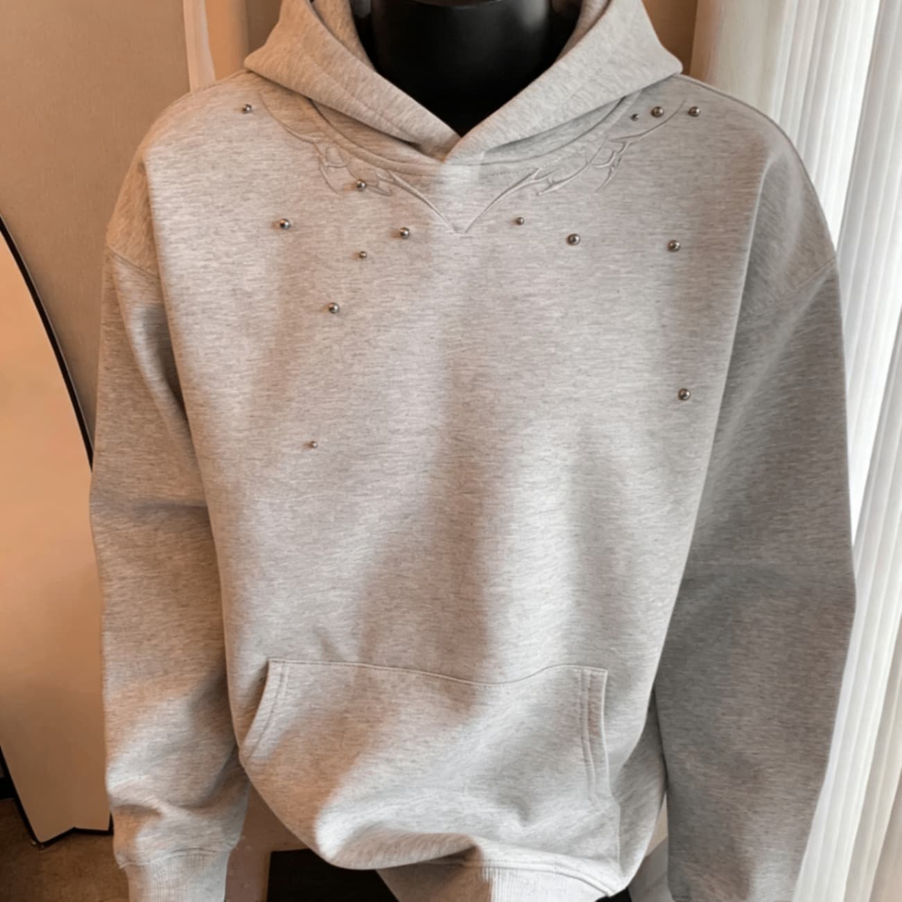 봄 아메리칸 무거운 cleanfit 레트로 비즈 박기 자수 디자인 후드 티 스웨터 남녀 루즈핏 캐주얼 모자 셔츠 이미지 5