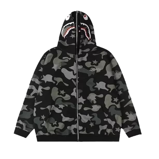아메리칸 높음 거리 더블 모자 카모플라주 상어 지퍼 후드티 여성 코트 봄 가을 얇은 스타일 hiphop 조수 브랜드 커플 모자 셔츠 상세 이미지 1
