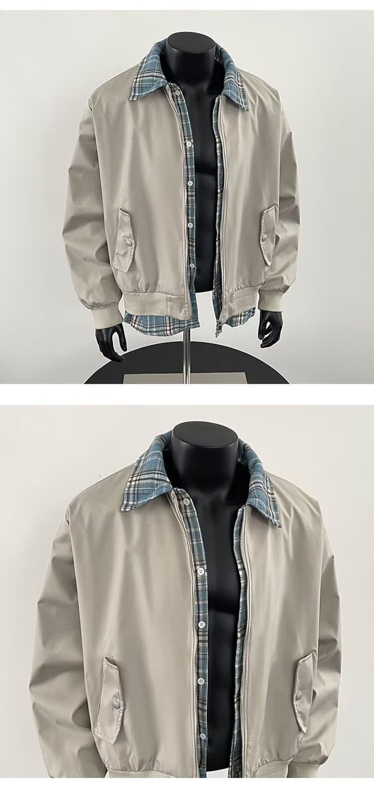 아메리칸 레트로 cleanfit 페이크 레이어드 플란넬 셔츠 커플 폴로 칼라 플라잉 재킷 재킷 남녀 봄 가을 상세 이미지 7