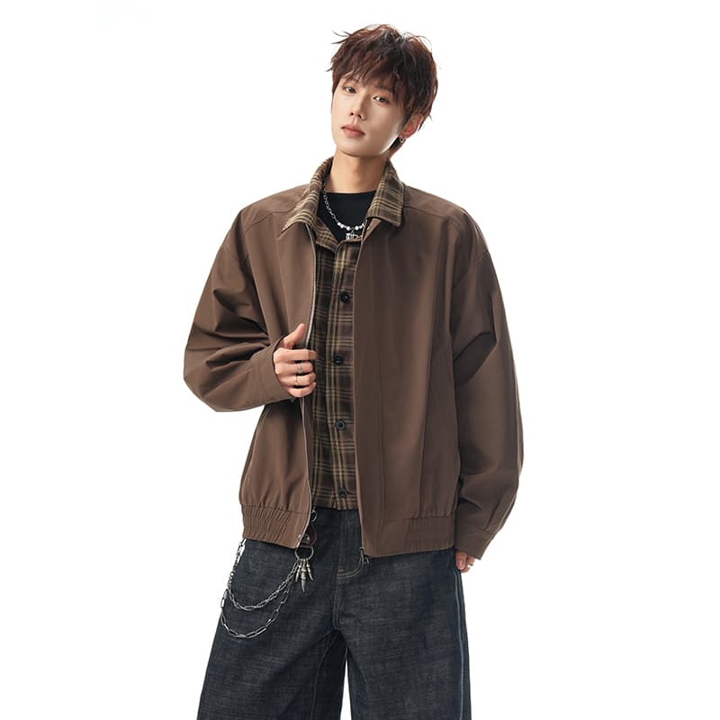 아메리칸 봄 가을 새로운 작은 대중 디자인 루즈핏 패치워크 남성과 여성 페이크 레이어드 폴로 칼라 체크무늬 재킷 커플 재킷 이미지 2