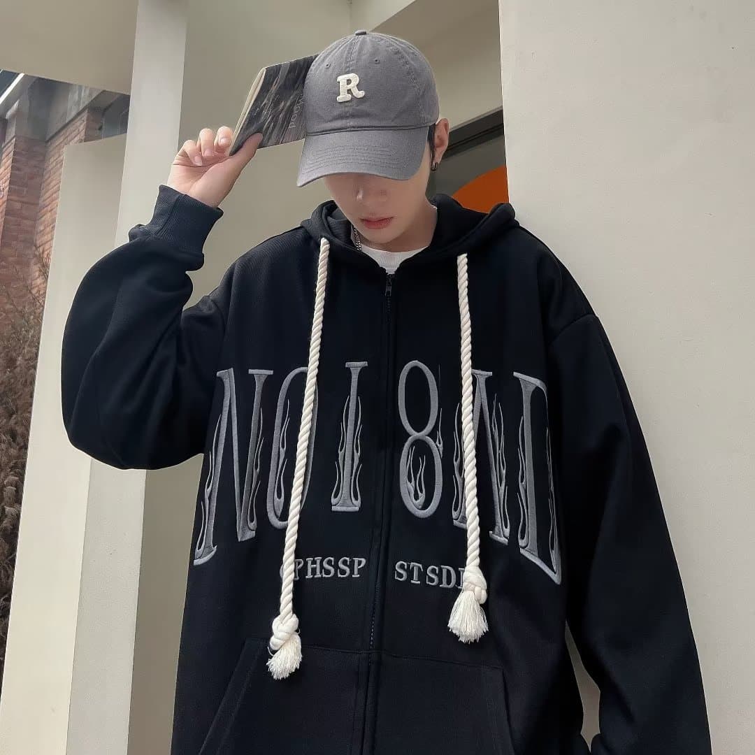 봄 가을 오픈 가디건 후드티 ins 항구 바람 일본식 자수 재킷 조수 브랜드 루즈핏 커플 민소매 후드 재킷 남녀