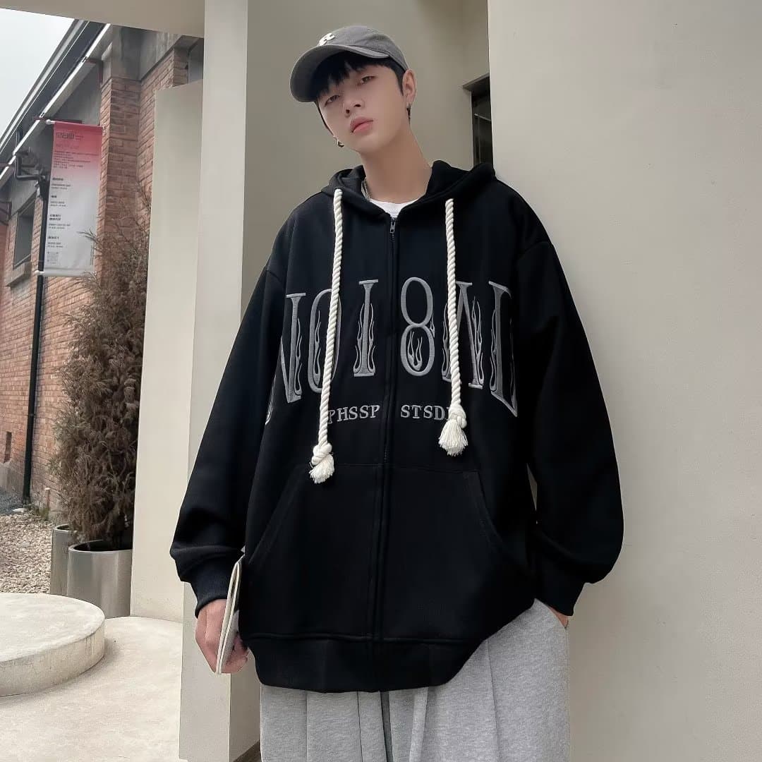 봄 가을 오픈 가디건 후드티 ins 항구 바람 일본식 자수 재킷 조수 브랜드 루즈핏 커플 민소매 후드 재킷 남녀 이미지 3